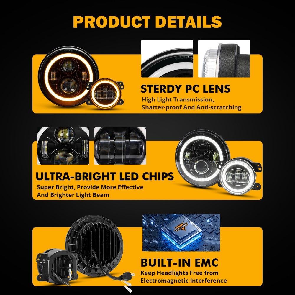 7 Inch LED Headlights + 4 Inch LED Fog Lights Set with Halo DRL Turn Signal High Low Beam for Jeep Wrangler JK JKU TJ LJ Rubicon Sahara Unlimited 1997-2018