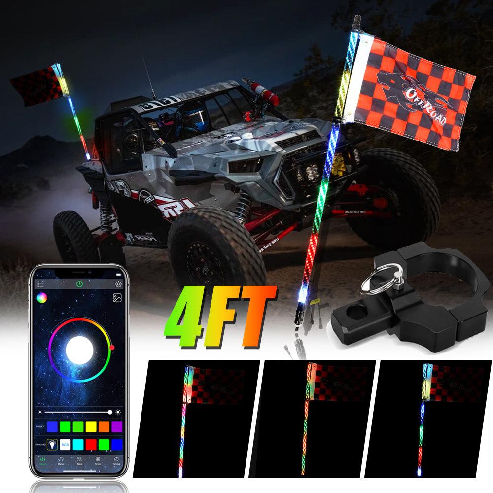 3FT/4FT RGB LED Whip Light with Bluetooth Controlled + Whip Light Mounting Brackets for UTV, ATV, Off-road Vehicle
