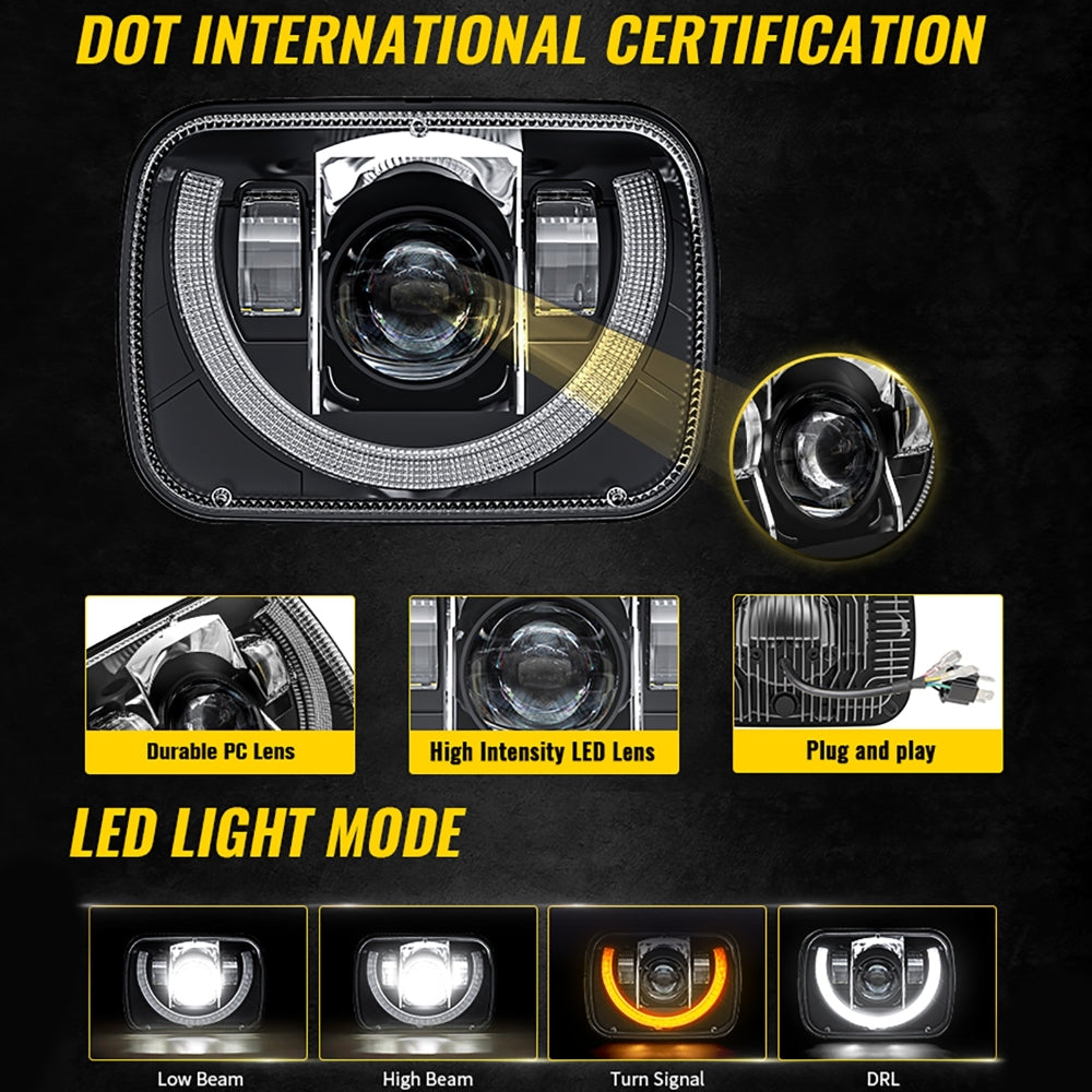 7x6 Inch Sealed Beam LED Headlights with Hi-Lo Beam & Amber Turn Signal White DRL for Jeep Cherokee XJ/Wrangler YJ/Comanche MJ