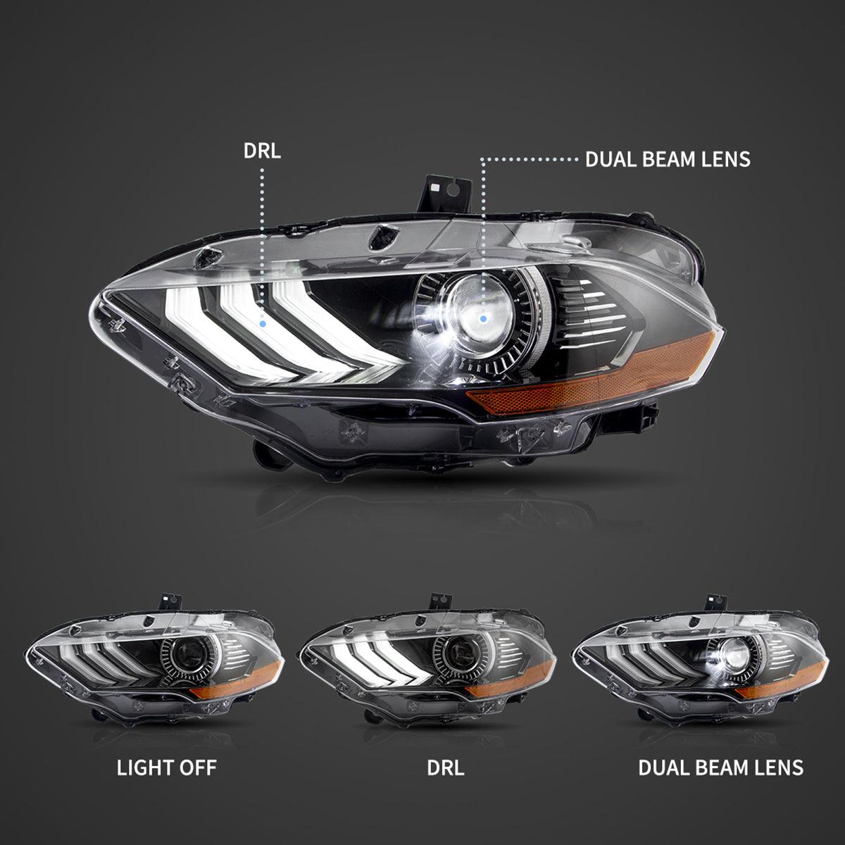 LED Headlight Assembly Dual Beam Projector Black For 2018-2024 Ford Mustang 6th Gen Facelifted