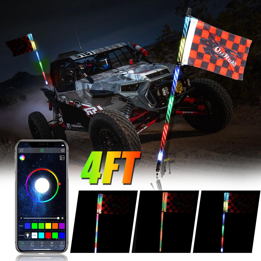 3FT/4FT RGB LED Whip Light with Bluetooth Controlled + Whip Light Mounting Brackets for UTV, ATV, Off-road Vehicle