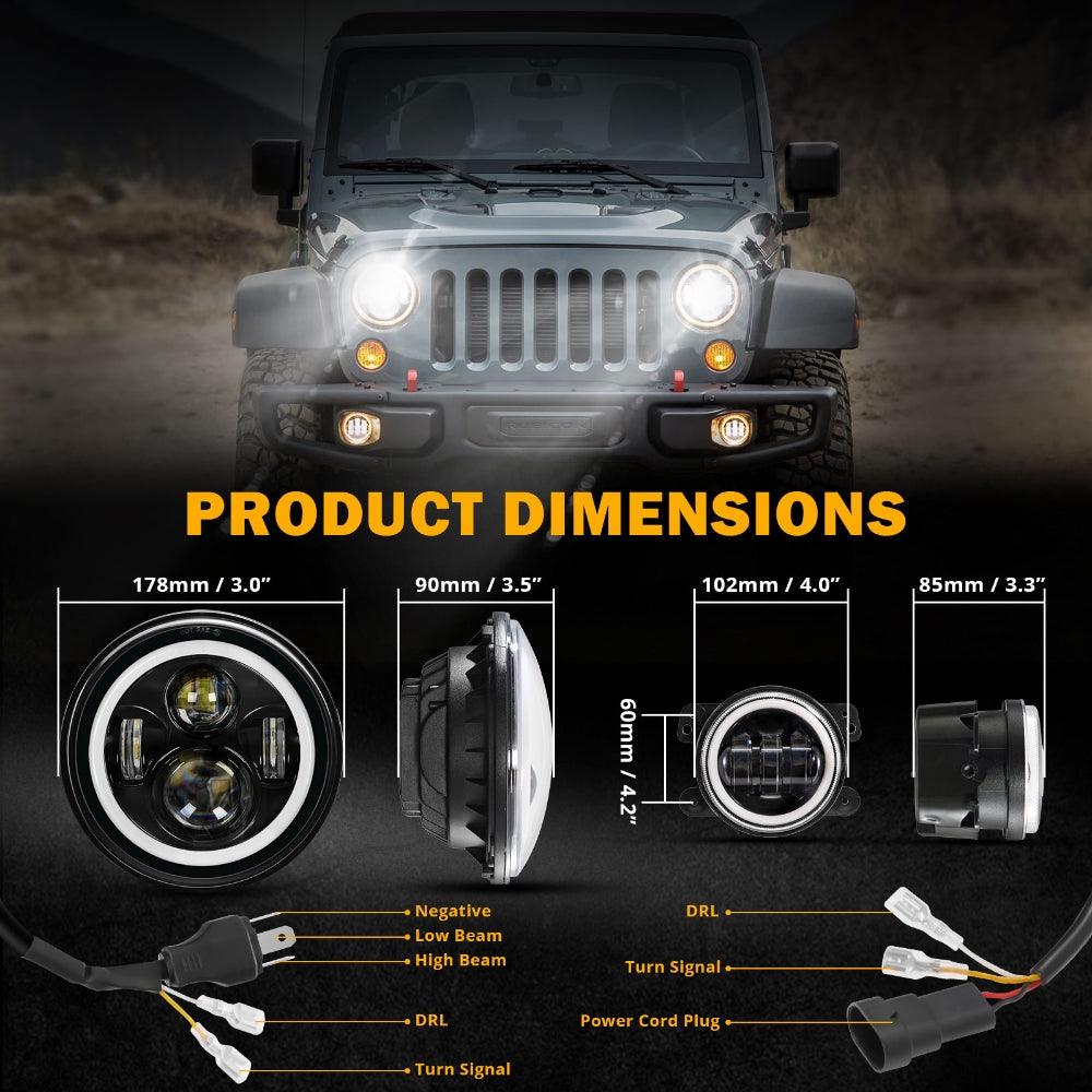 7 Inch LED Headlights + 4 Inch LED Fog Lights Set with Halo DRL Turn Signal High Low Beam for Jeep Wrangler JK JKU TJ LJ Rubicon Sahara Unlimited 1997-2018