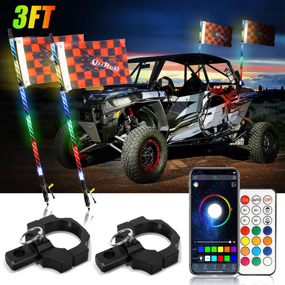 3FT/4FT LED RGB Whip Lights with Bluetooth/ Remote Controlled + Whip Light Mounting Brackets for UTV, ATV, Off-road Vehicle