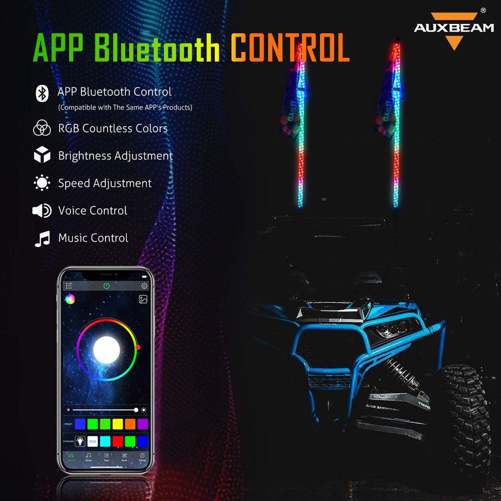 3FT/4FT LED RGB Whip Lights with Bluetooth/ Remote Controlled + Whip Light Mounting Brackets for UTV, ATV, Off-road Vehicle