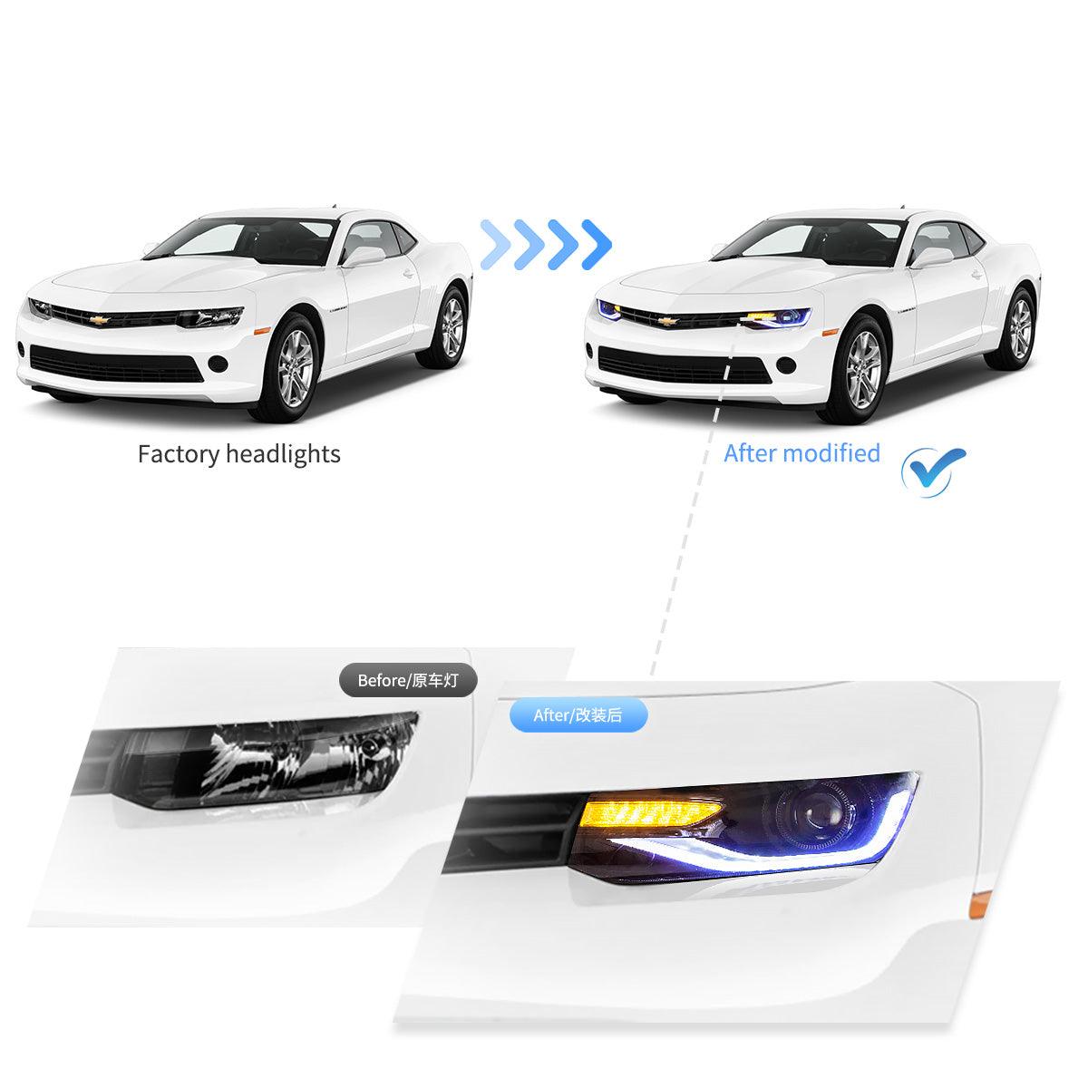 LED Headlight Assembly RGB Dual Beam Projector Black For 2014-2015 Chevrolet Camaro