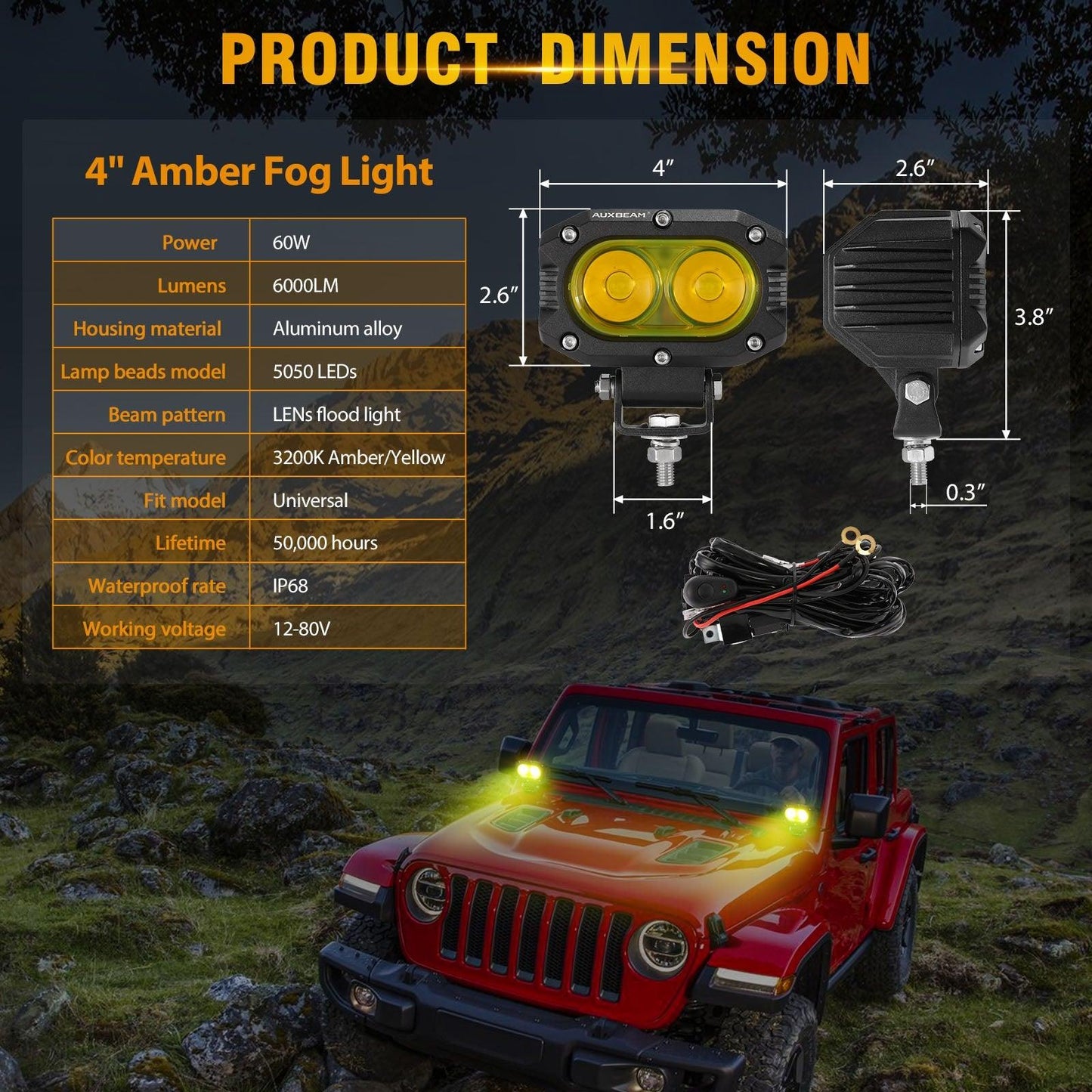 R4 Series 4 Pouces 60W LED Pods Lumière Ambre Flood Beam