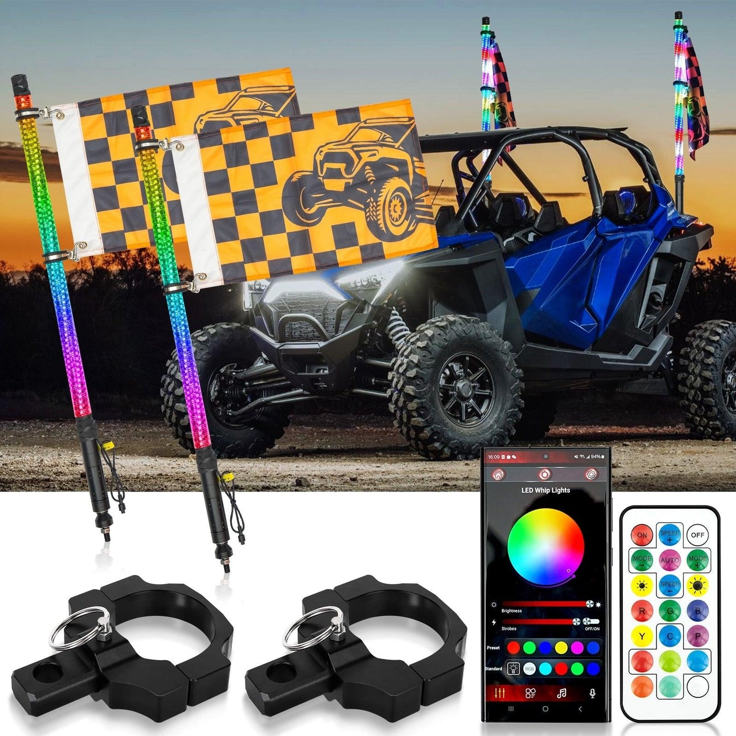 New LED RGB Whip Lights with Turn Signal & Brake Light, Bluetooth APP/ Remote Control