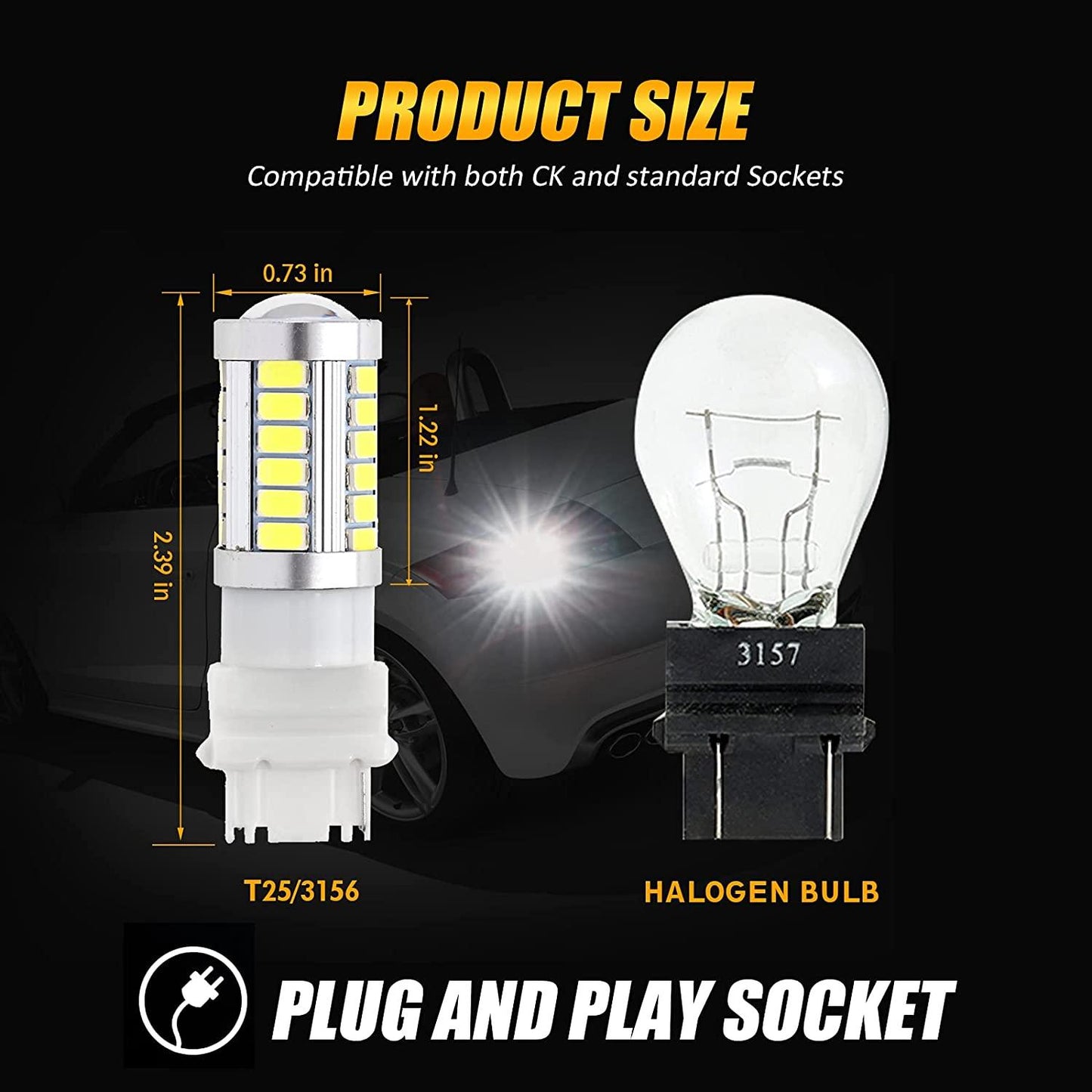 3156 LED Backup Reverse/Turn Signal/Brake Tail Light Bulbs 20W 4000LM 6500K White 33LED Series | 2 Bulbs