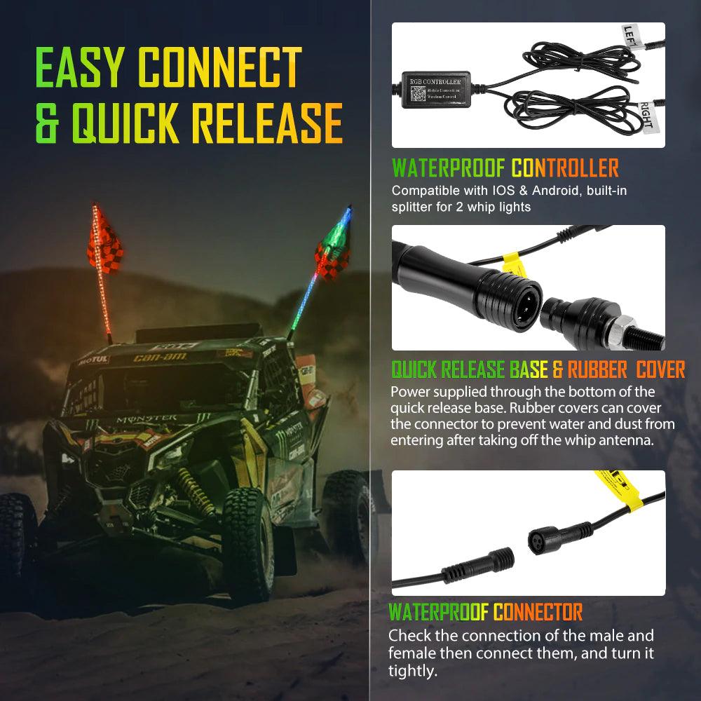 3FT/4FT LED RGB Whip Lights with Bluetooth/ Remote Controlled + Whip Light Mounting Brackets for UTV, ATV, Off-road Vehicle