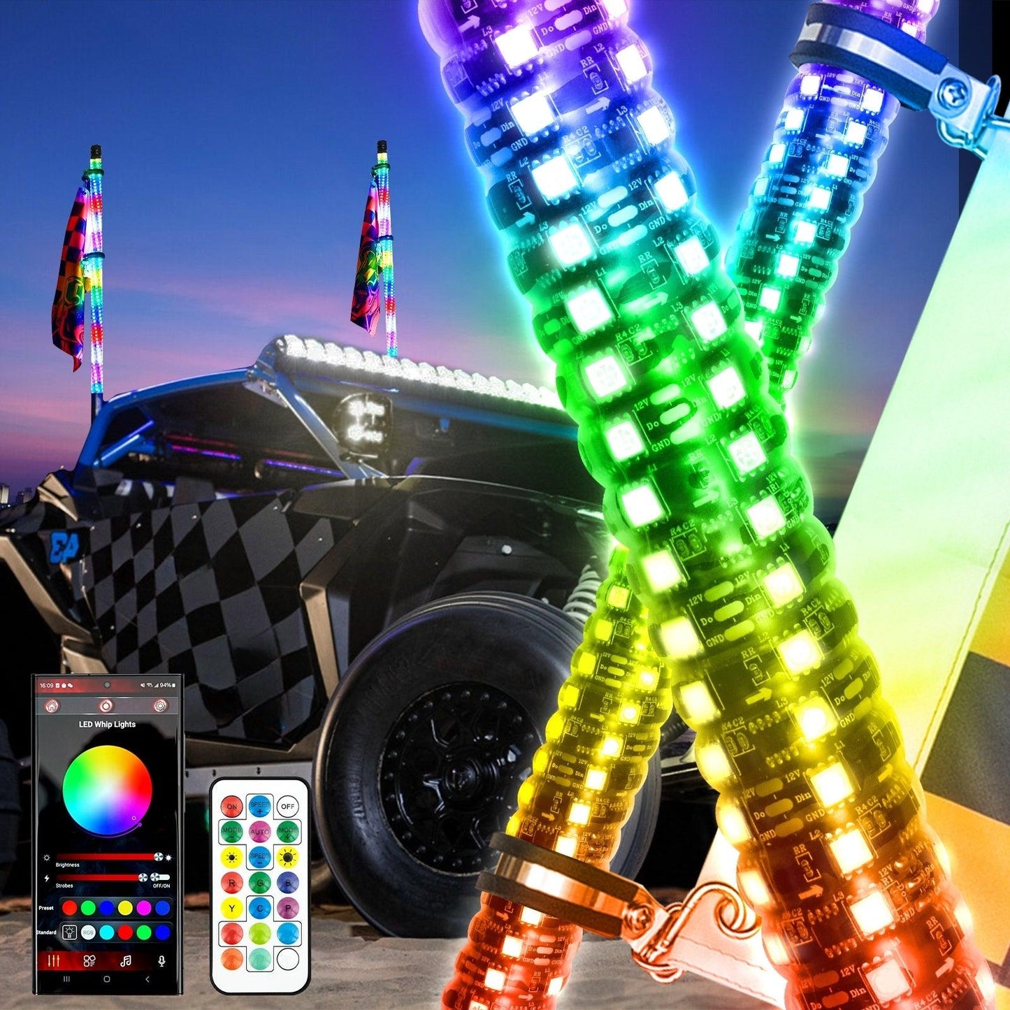 New LED RGB Whip Lights with Turn Signal & Brake Light, Bluetooth APP/ Remote Control