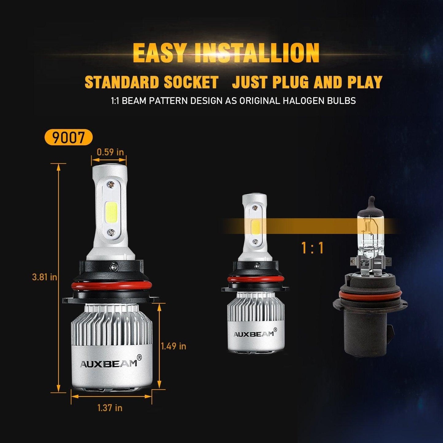 Bombillas de faros LED 9007/HB5 72W 8000ML Serie S2 Super Brightes COB 6500K Blanco frío | 2 bombillas