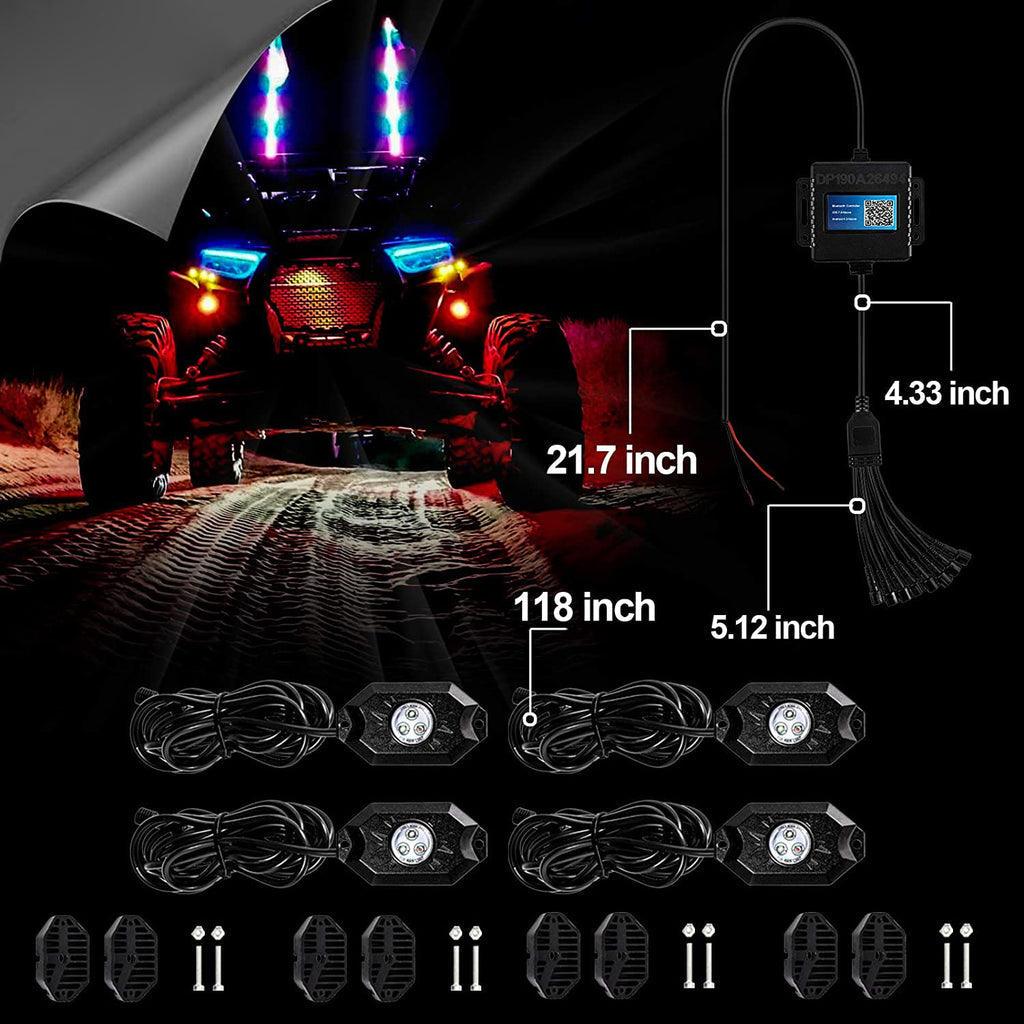 2Pcs 3FT RGB LED Whip Lights with Turn Signal & Brake Light + RGB LED Rock Lights Set with Bluetooth Controlled