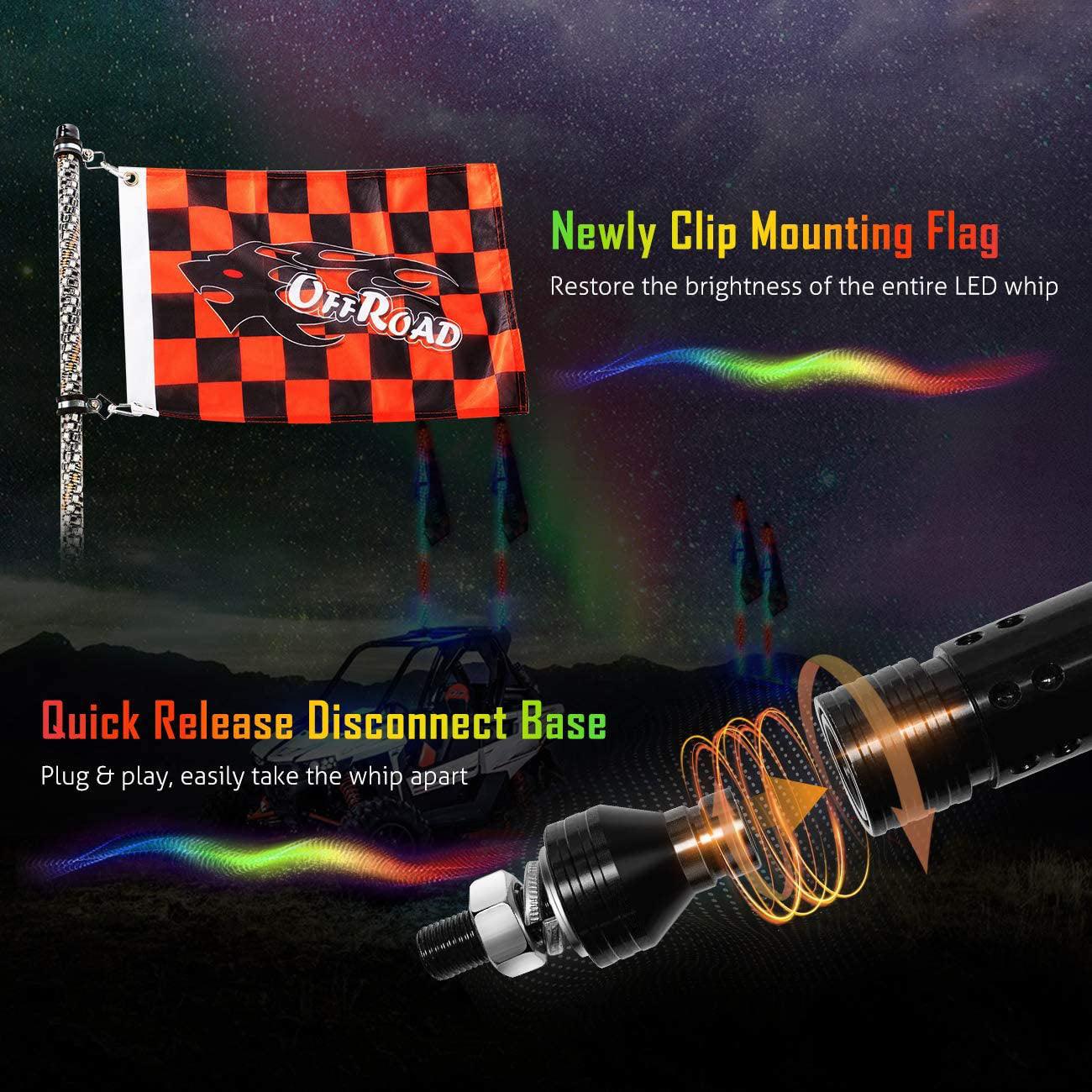 3FT/4FT RGB LED Whip Light with Bluetooth Controlled + Whip Light Mounting Brackets for UTV, ATV, Off-road Vehicle