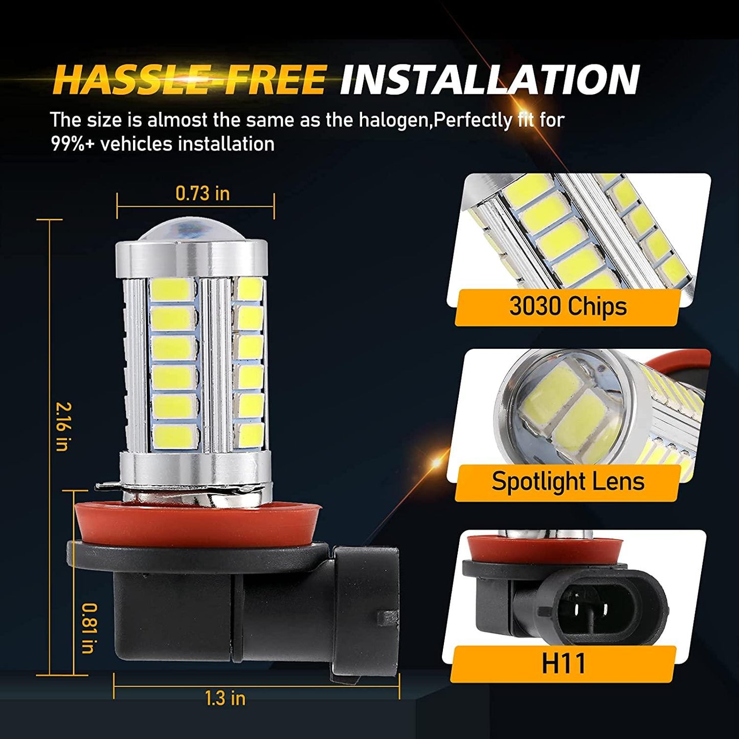 H11 H9 H8 H16JP LED Fog Light/DRL Bulbs 50W 4000LM 6500K White 33LED Series | 2 Bulbs