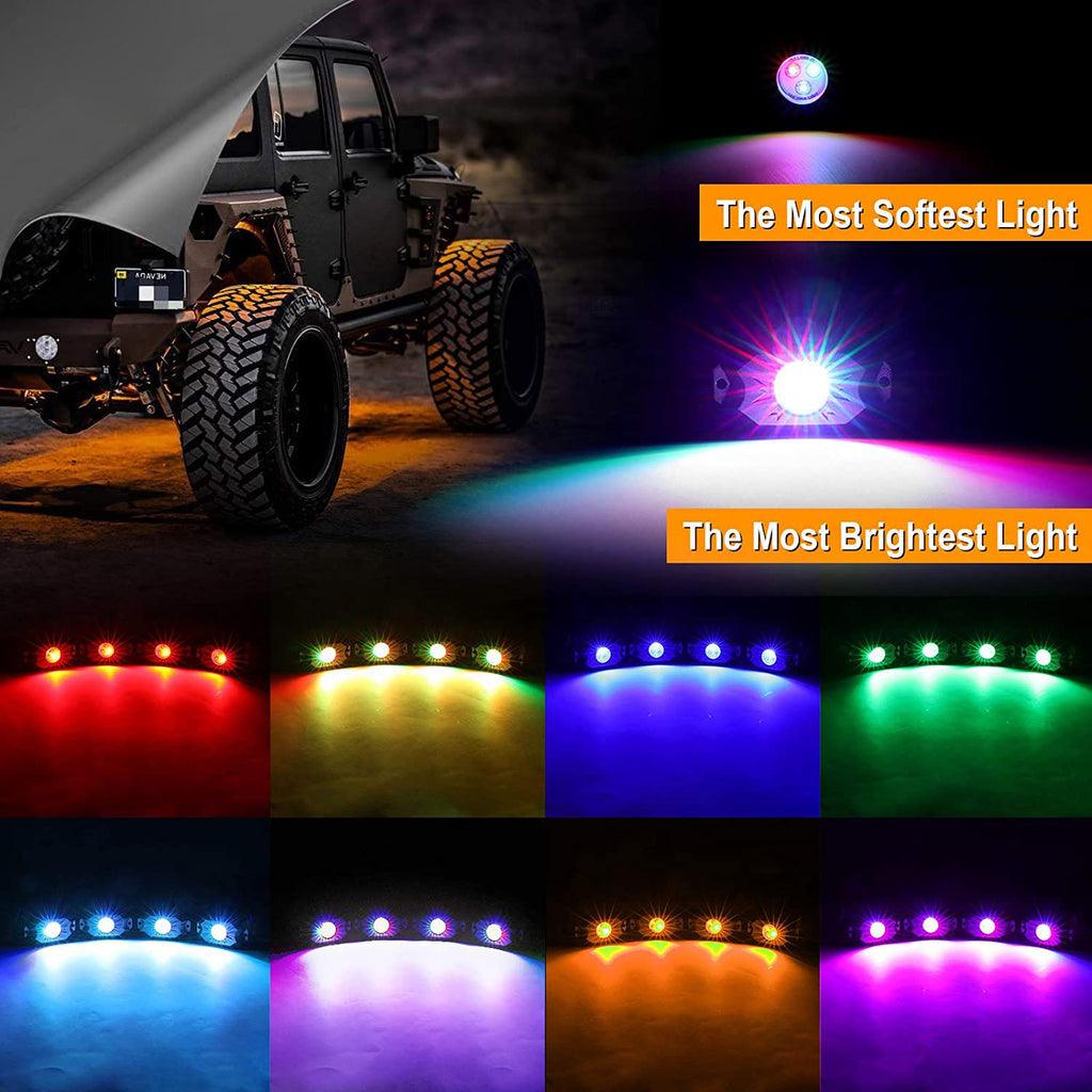 2Pcs 4FT RGB LED Whip Lights with Turn Signal & Brake Light + RGB LED Rock Lights Set with Bluetooth Controlled