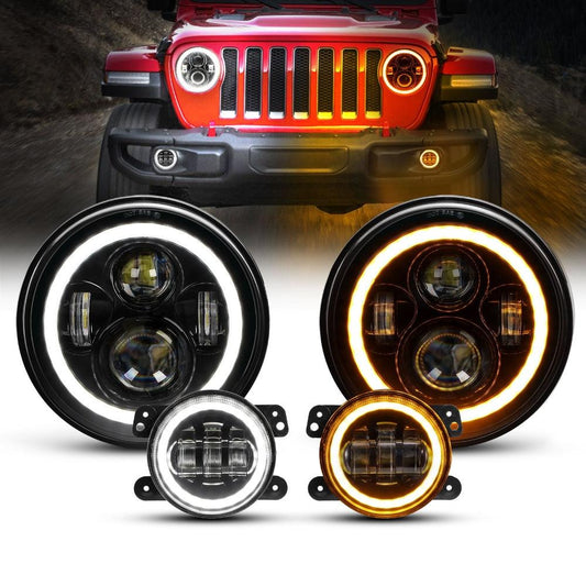 7 Inch LED Headlights + 4 Inch LED Fog Lights Set with Halo DRL Turn Signal High Low Beam for Jeep Wrangler JK JKU TJ LJ Rubicon Sahara Unlimited 1997-2018