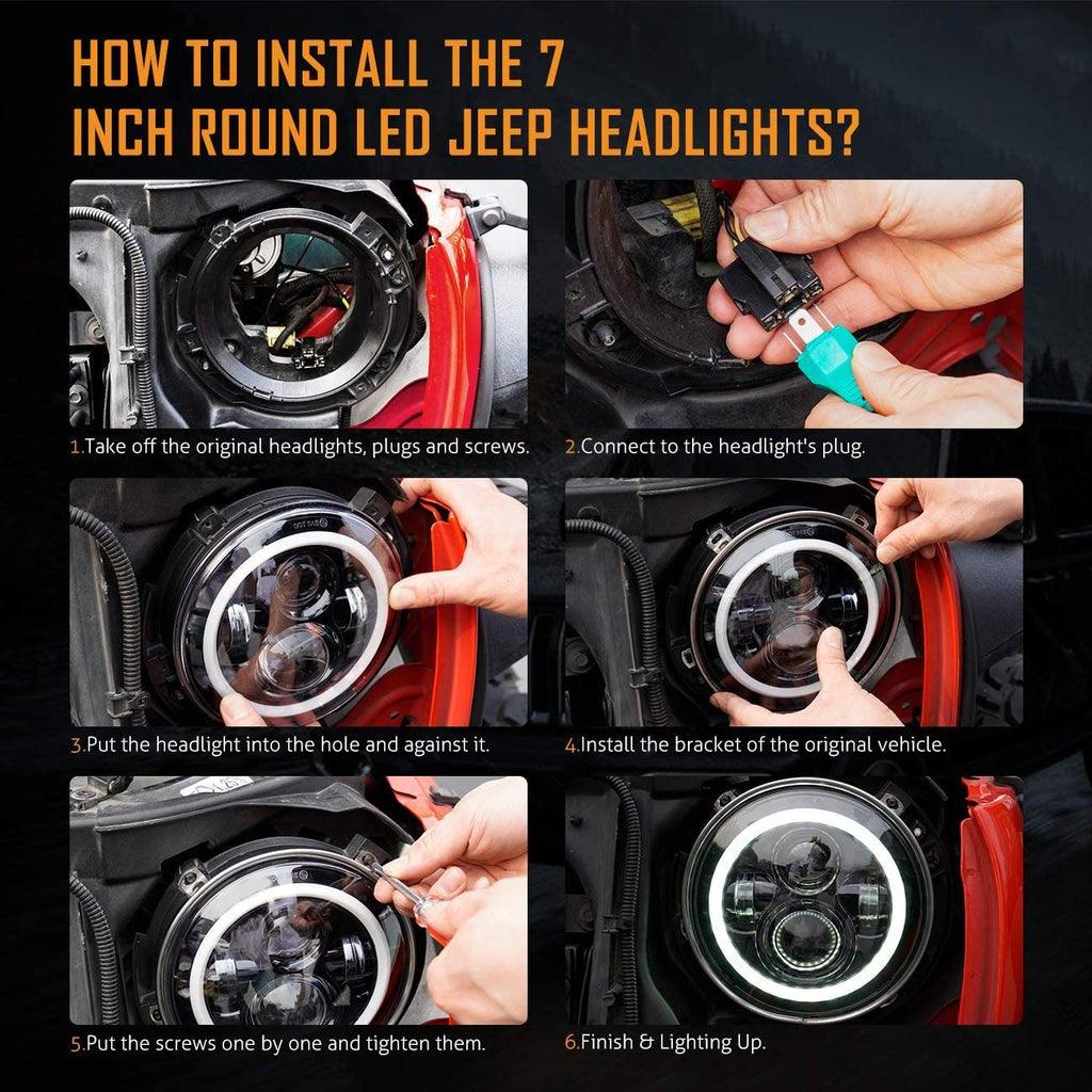 Remplacement de Phare LED 7 Pouces avec Anneau Halo et H4 Intensificateur de Luminosité pour Jeep Wrangler JK TJ LJ