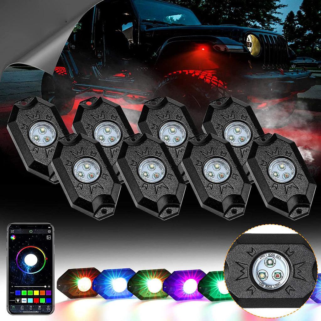 2Pcs 4FT RGB LED Whip Lights with Turn Signal & Brake Light + RGB LED Rock Lights Set with Bluetooth Controlled
