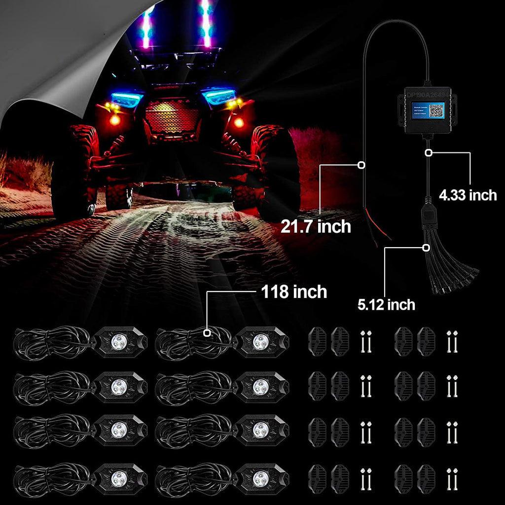 2Pcs 3FT RGB LED Whip Lights with Turn Signal & Brake Light + RGB LED Rock Lights Set with Bluetooth Controlled