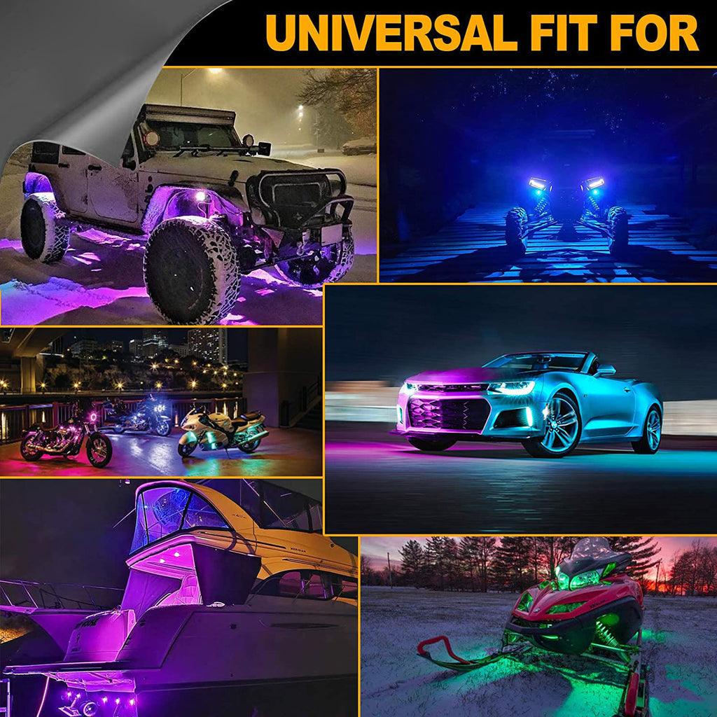 2Pcs 3FT RGB LED Whip Lights with Turn Signal & Brake Light + RGB LED Rock Lights Set with Bluetooth Controlled