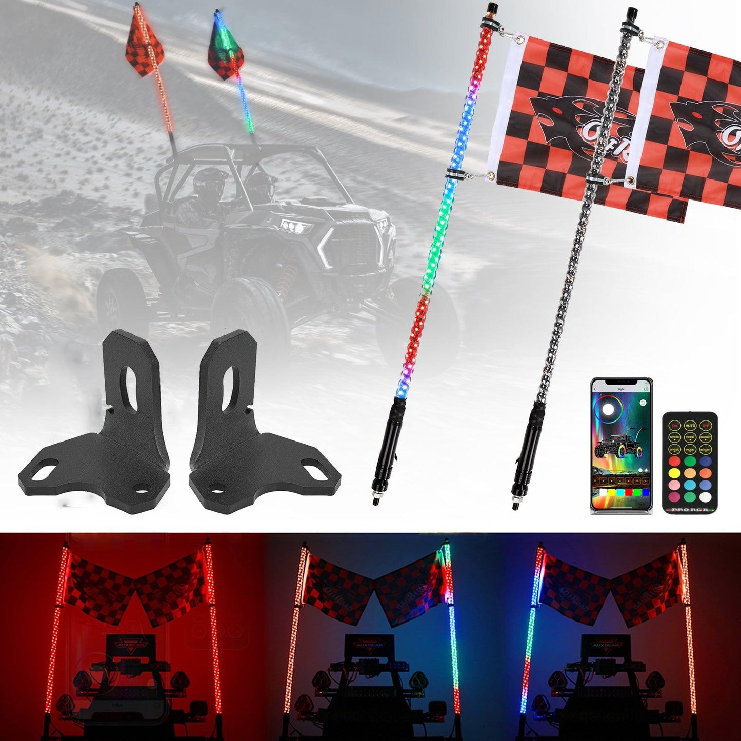3FT/4FT LED RGB Whip Lights & Rear Pillar Flagpole Light Brackets Combo for Can-Am Maverick X3
