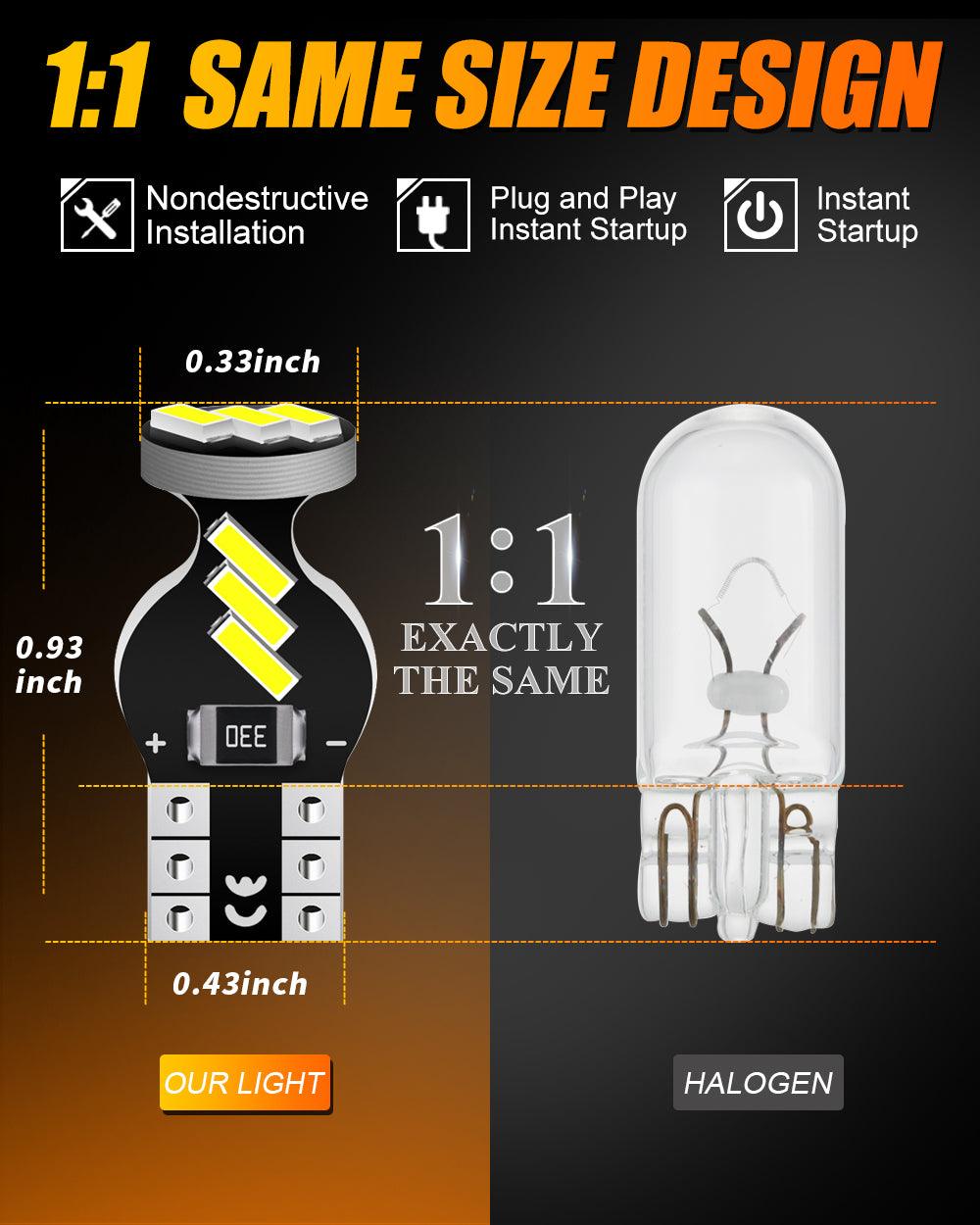 168 2825 W5W T10 LED Interior Light Bulbs 1.5W 300% Brighter 6500K White | 10 Bulbs