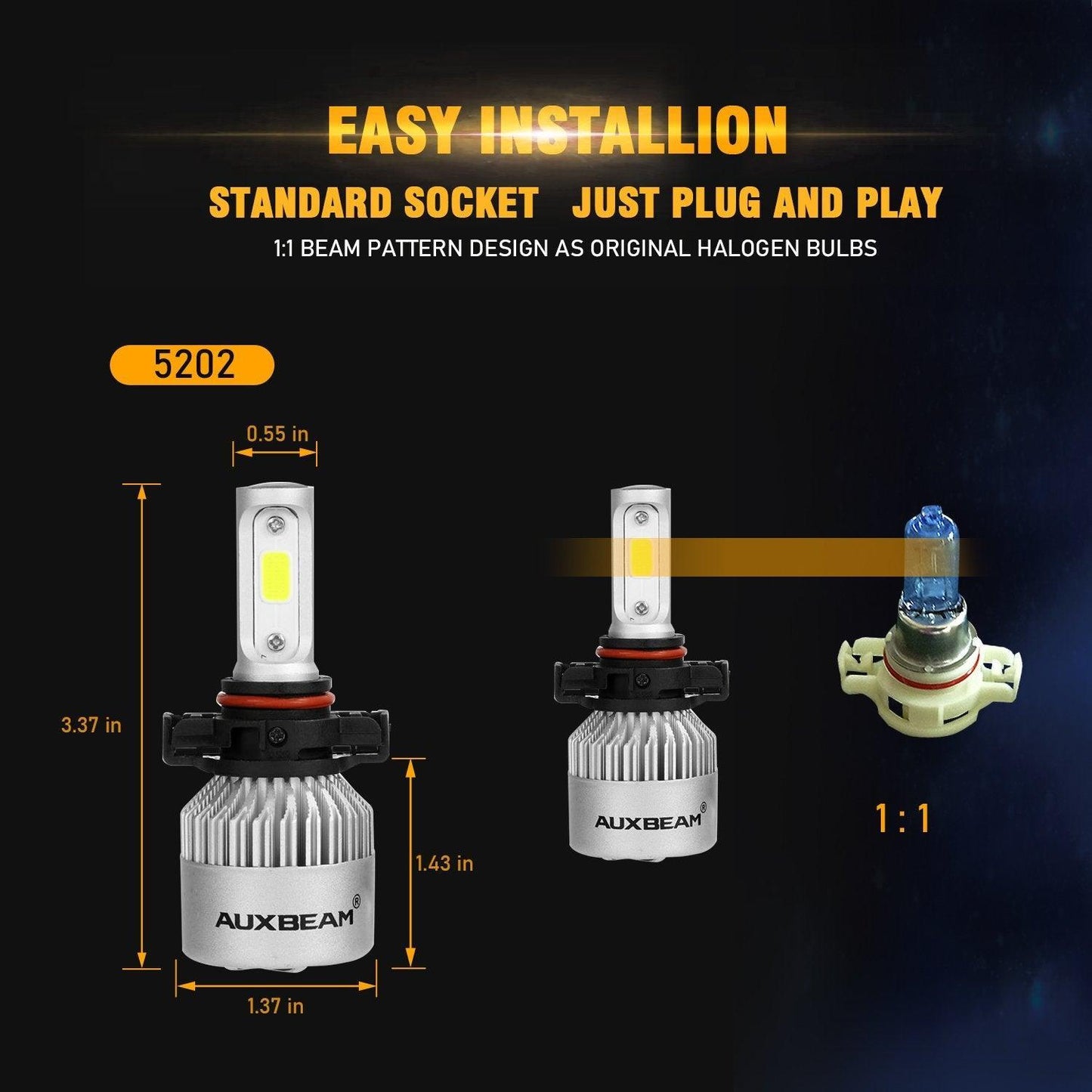 5202 Bombillas de faros LED 72W 8000ML Serie S2 Super Brightes COB 6500K Blanco frío | 2 bombillas 