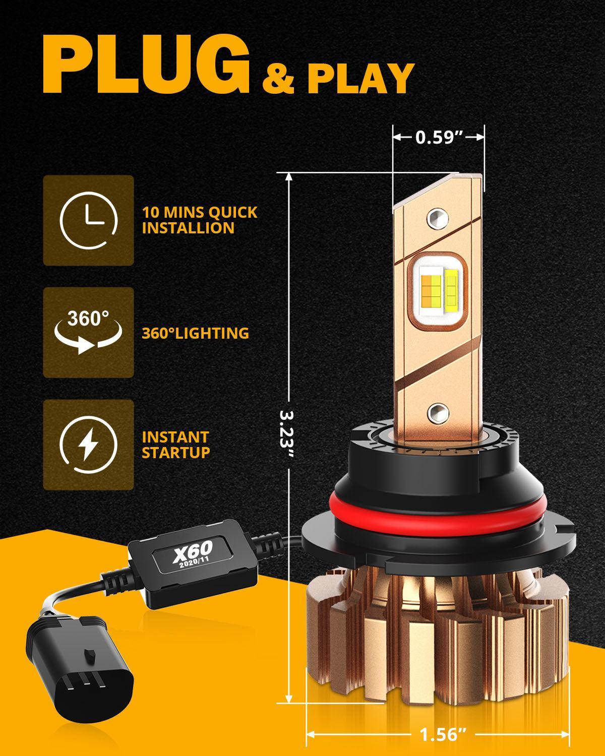 9007/HB5 Bombillas de faros LED 40W 8000LM Serie X60 Sin ventilador 3 colores Switchback | 2 bombillas