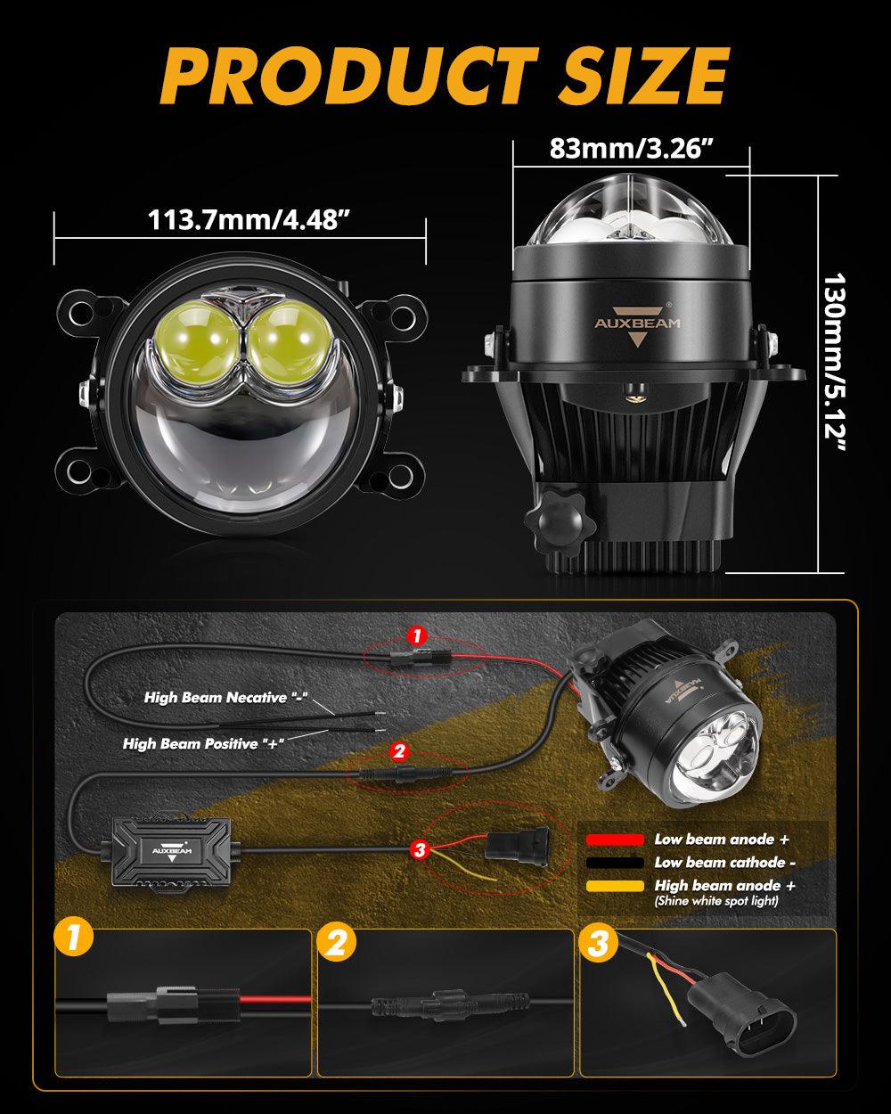 3 Inch 106W High Beam 70 Low Beam Bi-LED Projector Lens Fog Light 6000K Dual Direct-Beam Laser Spotlight For Toyota/Honda | 2PCS/Set