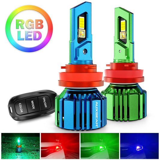 H11/H9/H8 RGB LED Headlight Bulbs/DRL/Fog Light R7 Series 70W 25000LM 65000K Cool White + RGB Remote Control | 2 Bulbs