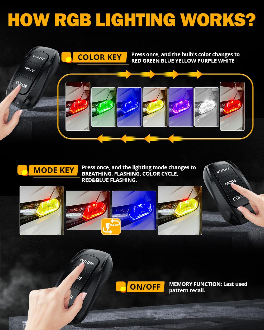 🆕9012/HIR2 RGB LED Headlight Bulbs/DRL/Fog Light R7 Series 70W 25000LM 65000K Cool White + RGB Remote Control | 2 bulbs
