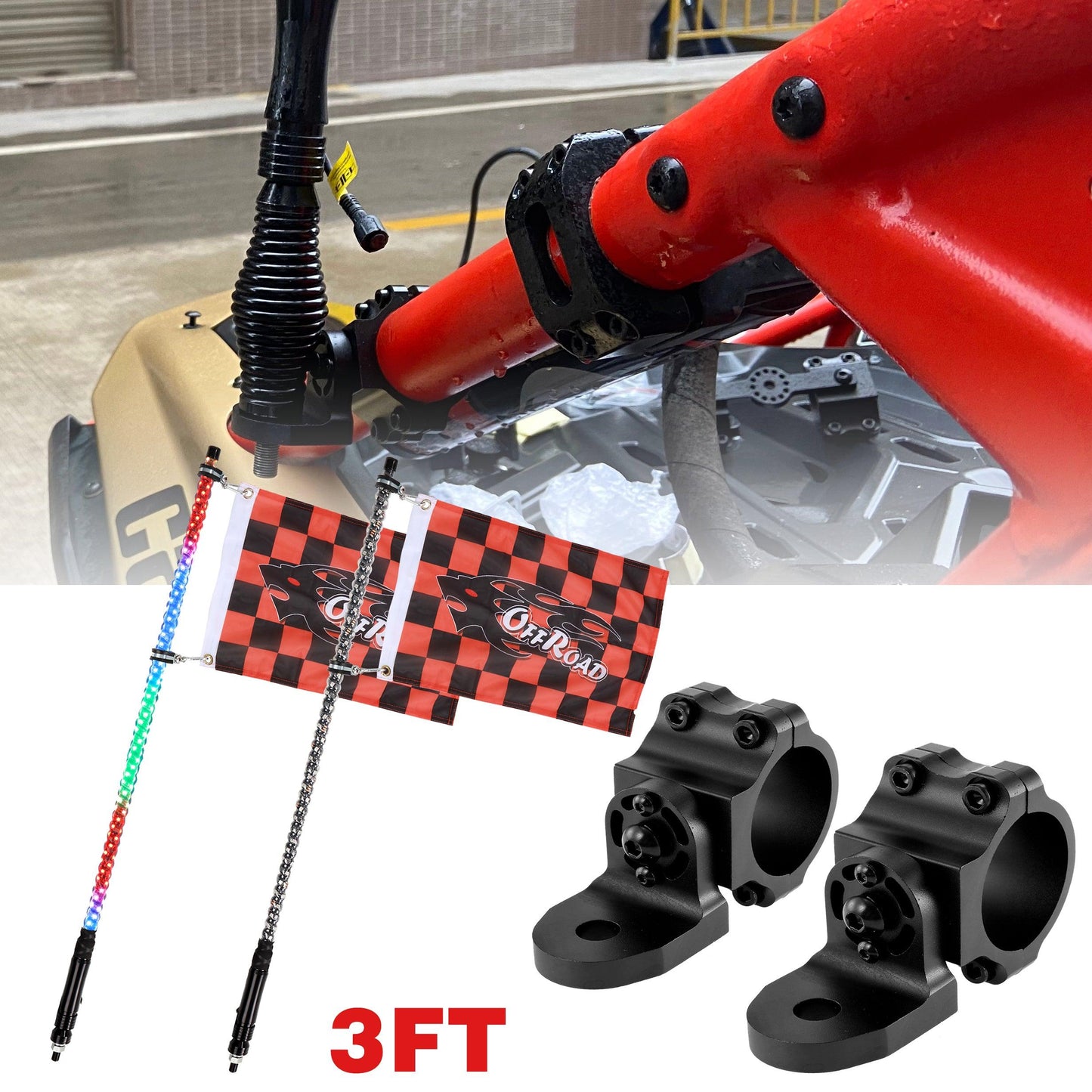 3FT/4FT LED RGB Whip Lights with Bluetooth/ Remote Controlled & Black Universal Flagpole Light Mount  for all UTVs with 1.75" to 2" Roll Cage