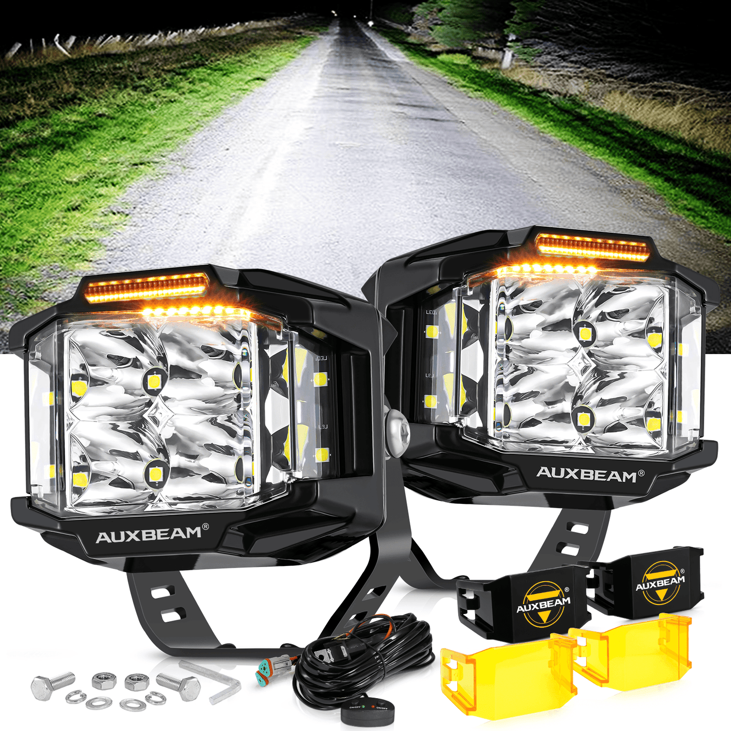 V-MAX Series | 4 Inch 92W 8960LM Combo Beam Side Shooter LED Square Pod Lights with Amber DRL 