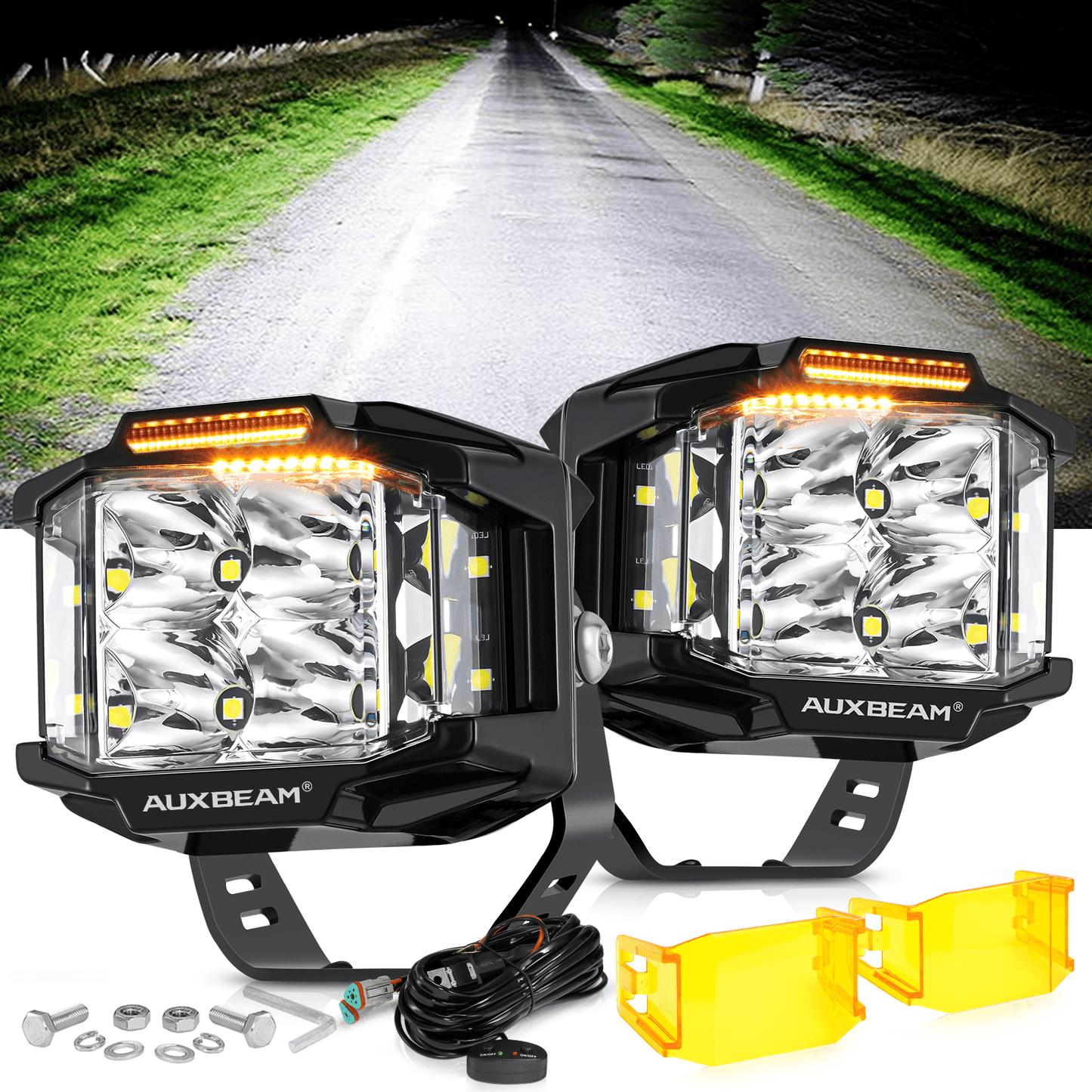 V-MAX Series | 4 Inch 92W 8960LM Combo Beam Side Shooter LED Square Pod Lights with Amber DRL 