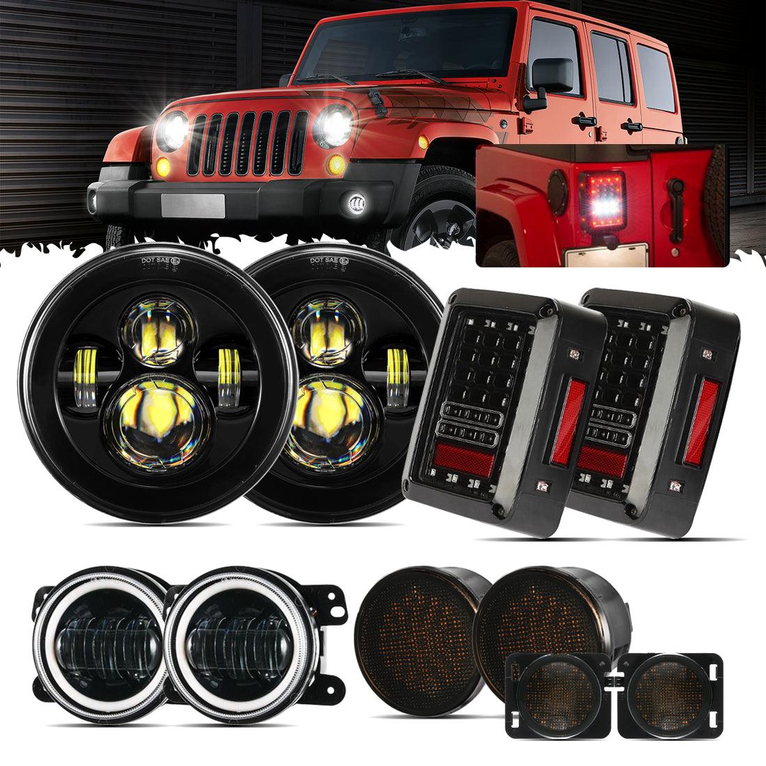 Remplacement De Phare LED 7'' + Feux De Brouillard LED 4'' + Feu Arrière Fumé LED + Clignotant Avant & Feu De Garde Pour Jeep Wrangler JK