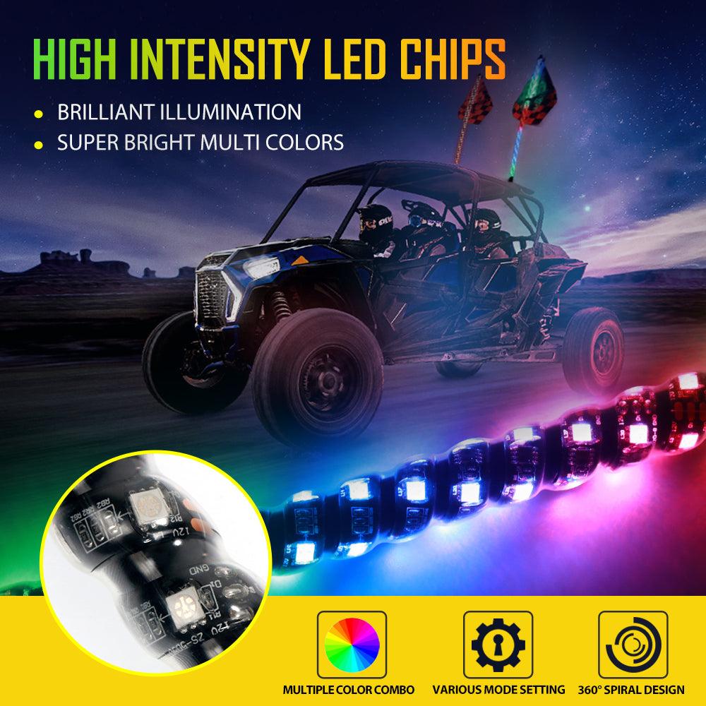 2Pcs 4FT RGB LED Whip Lights with Turn Signal & Brake Light + RGB LED Rock Lights Set with Bluetooth Controlled