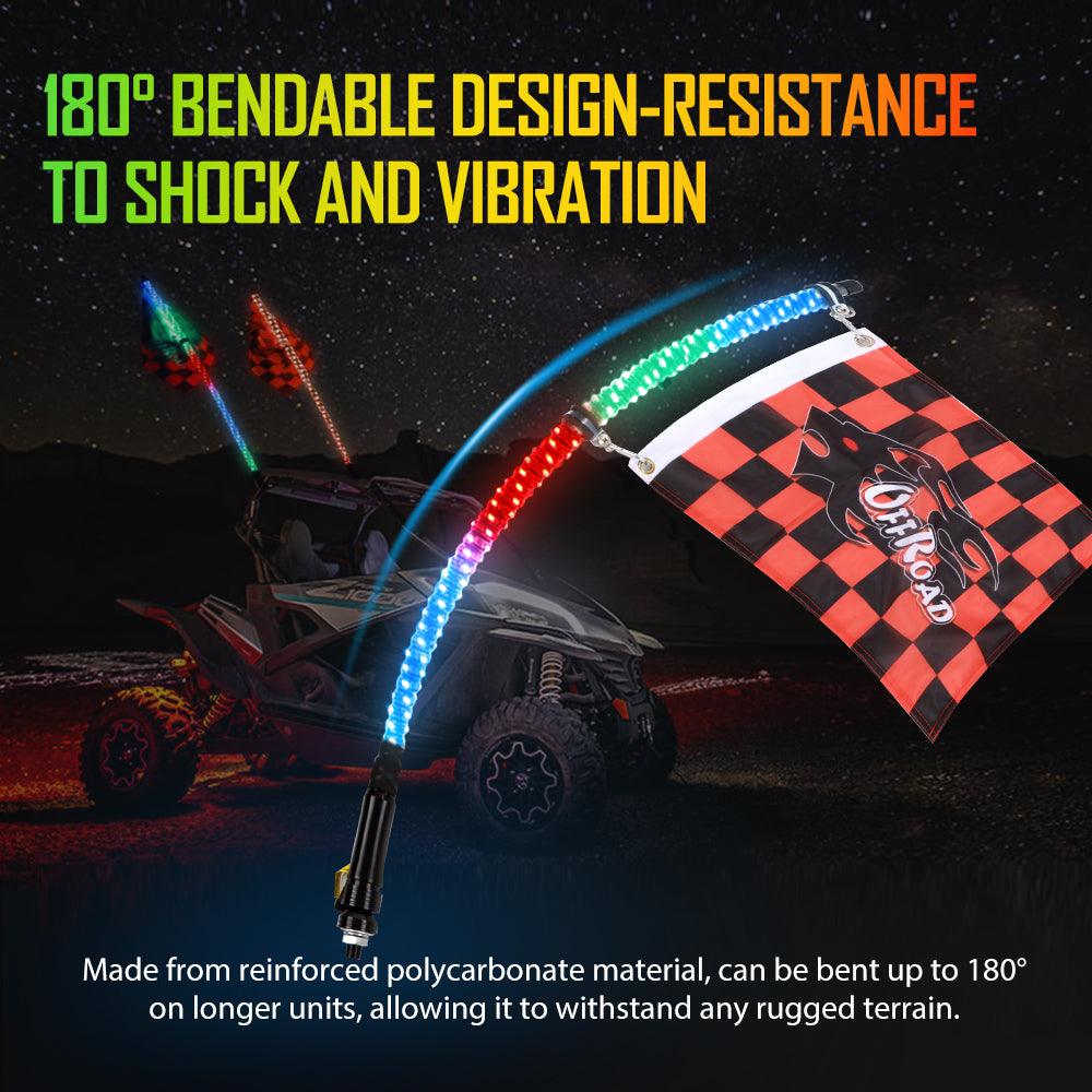 2Pcs 3FT RGB LED Whip Lights with Turn Signal & Brake Light + RGB LED Rock Lights Set with Bluetooth Controlled