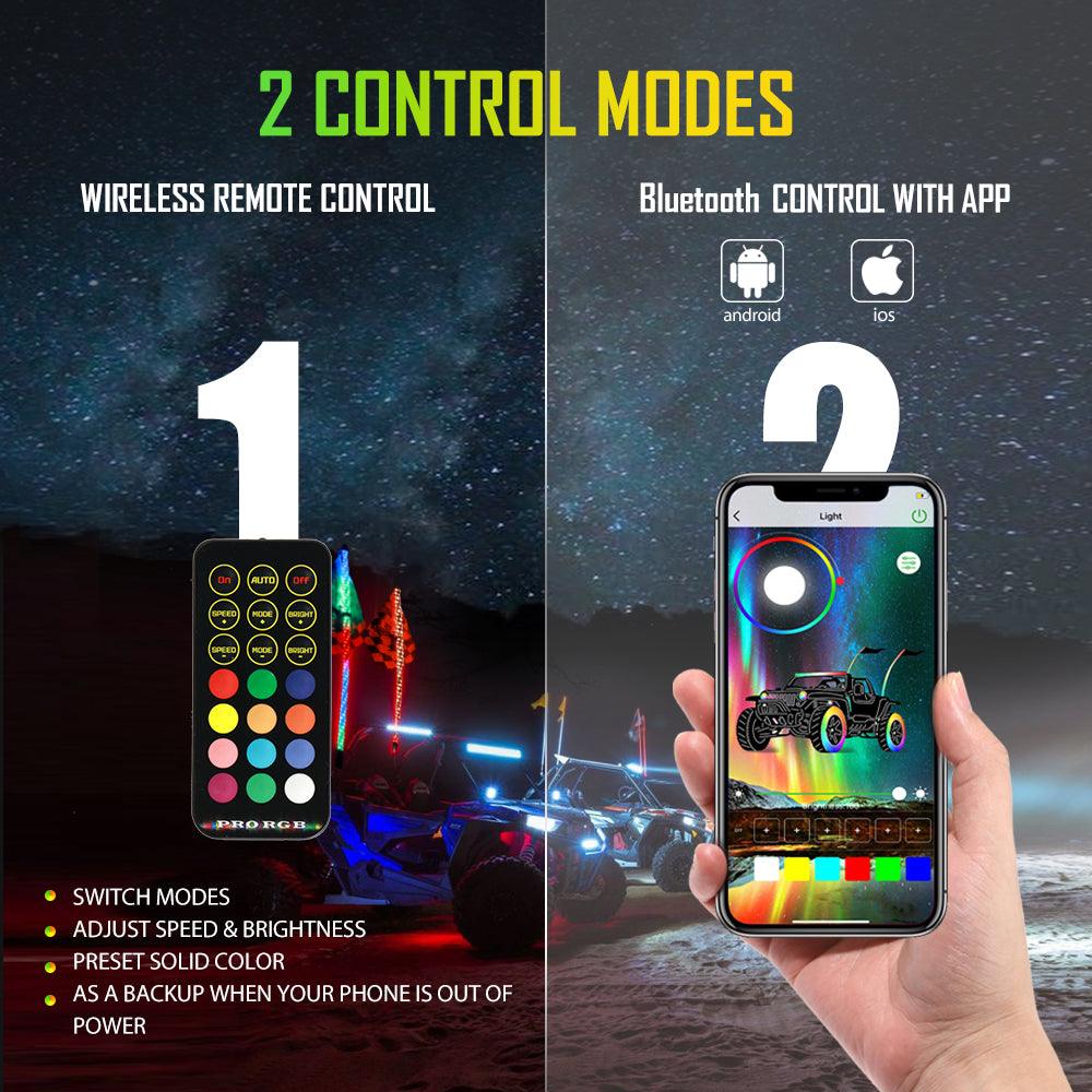 2Pcs 4FT RGB LED Whip Lights with Turn Signal & Brake Light + RGB LED Rock Lights Set with Bluetooth Controlled
