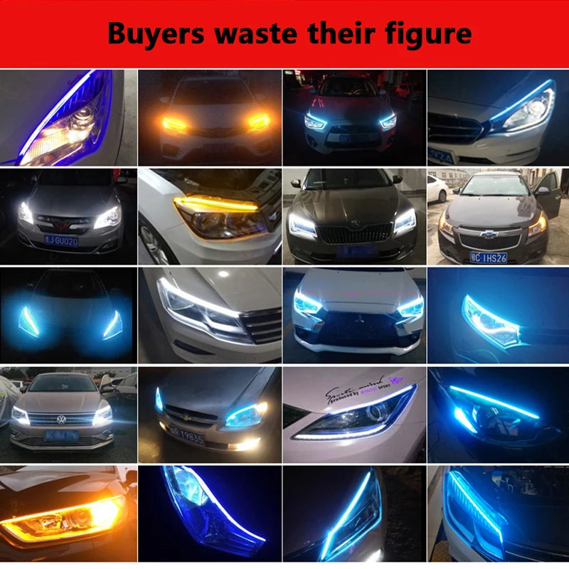 2pcs LED DRL Car Daytime Running Light Signal Lamp Flexible Decorative Strip Auto Headlights White Turn Yellow Flowing Signals