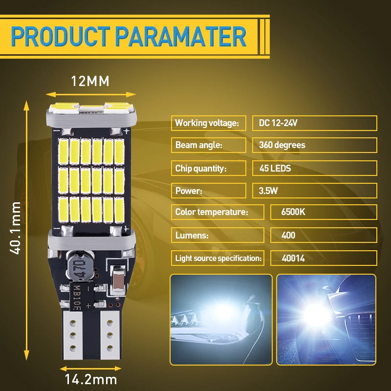 10pcs T15 Super Bright LED Reverse Light - 45 SMD 4014, CanBus Compatible 12V Multi-Color (White, Red, Blue) Car Park Light