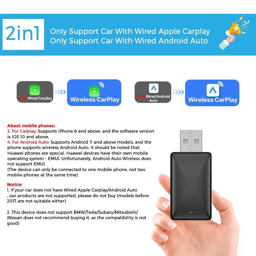 Wireless Android Auto Carplay Adapter 2in1 Dongle Play&Plug For Audi Buick Cadillac Chery Chevrolet Ford GMC Haval Honda Kia MG