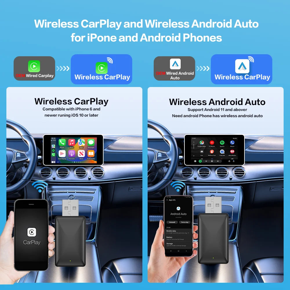 Wireless Android Auto Carplay Adapter 2in1 Dongle Play&Plug For Audi Buick Cadillac Chery Chevrolet Ford GMC Haval Honda Kia MG