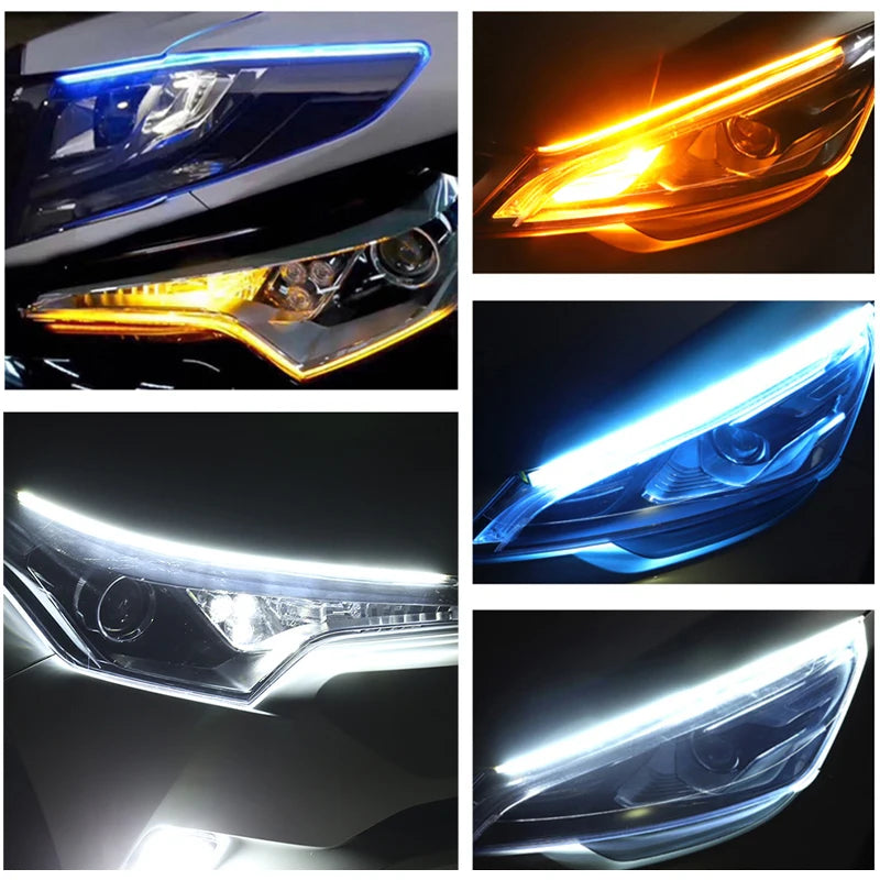2pcs LED DRL Car Daytime Running Light Signal Lamp Flexible Decorative Strip Auto Headlights White Turn Yellow Flowing Signals