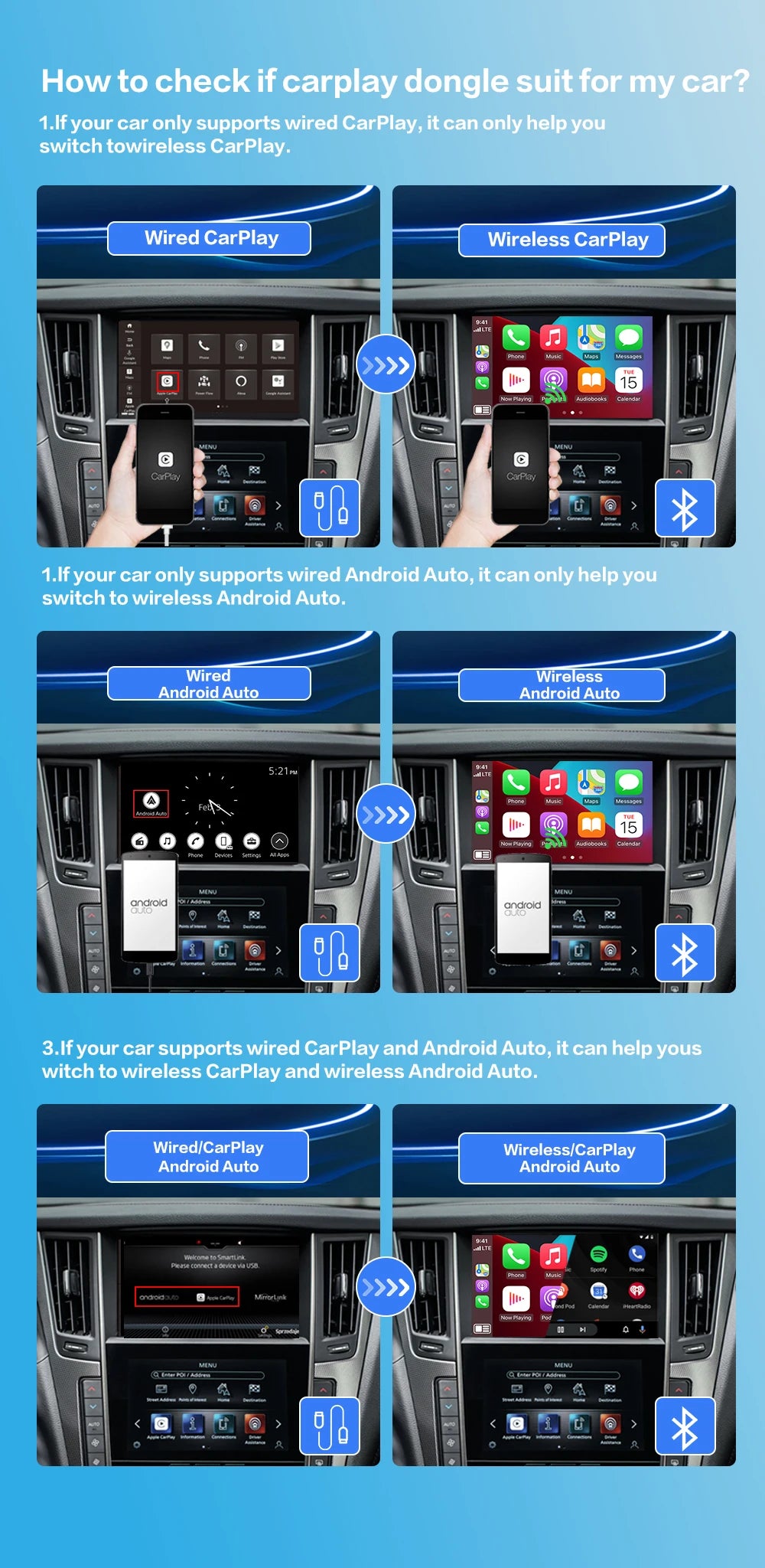 Wireless Android Auto Carplay Adapter 2in1 Dongle Play&Plug For Audi Buick Cadillac Chery Chevrolet Ford GMC Haval Honda Kia MG