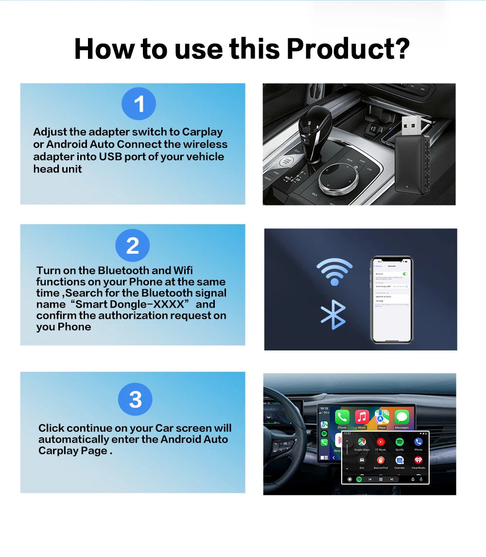 Wireless Android Auto Carplay Adapter 2in1 Dongle Play&Plug For Audi Buick Cadillac Chery Chevrolet Ford GMC Haval Honda Kia MG