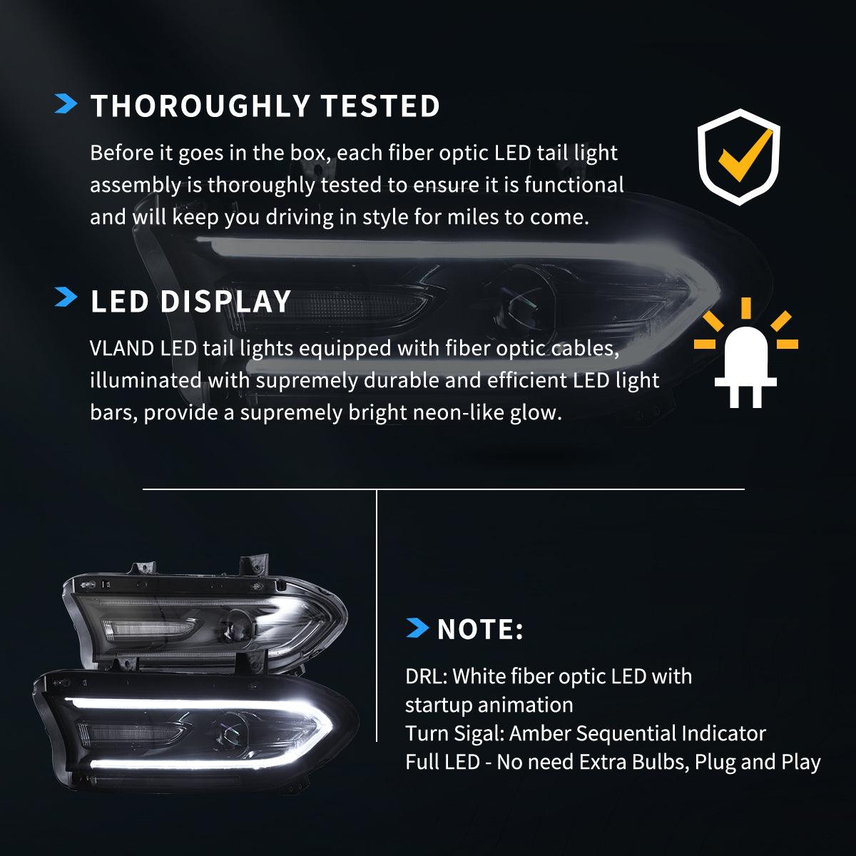 LED Headlight Assembly Dual Beam Projector Black For 2015-2023 Dodge Charger 7th Gen(LD)