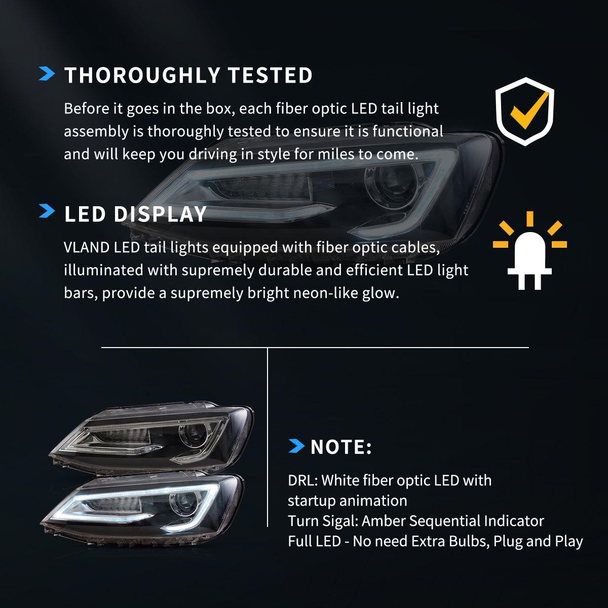 LED Headlight Assembly Dual Beam Projector Black For 2010-2018 Volkswagen Jetta