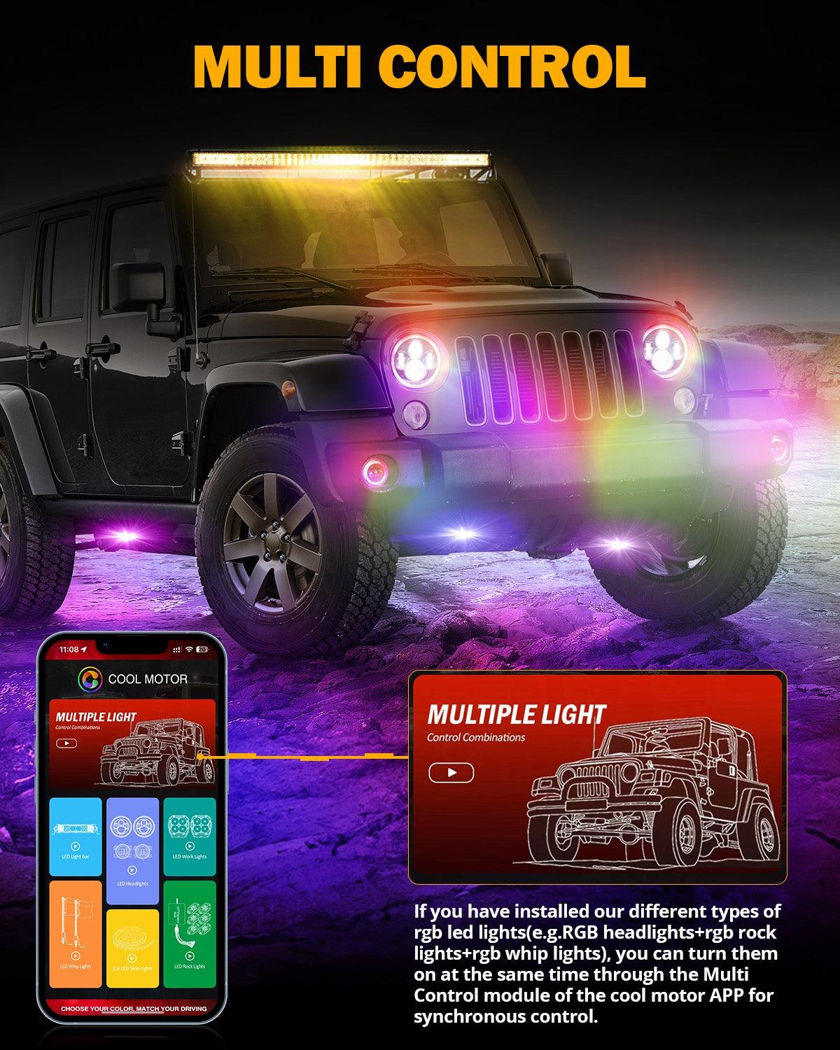 Upgraded RGB 7 Inch Headlights + 4 Inch Fog Lights Combo for Jeep Wrangler JK with APP Control