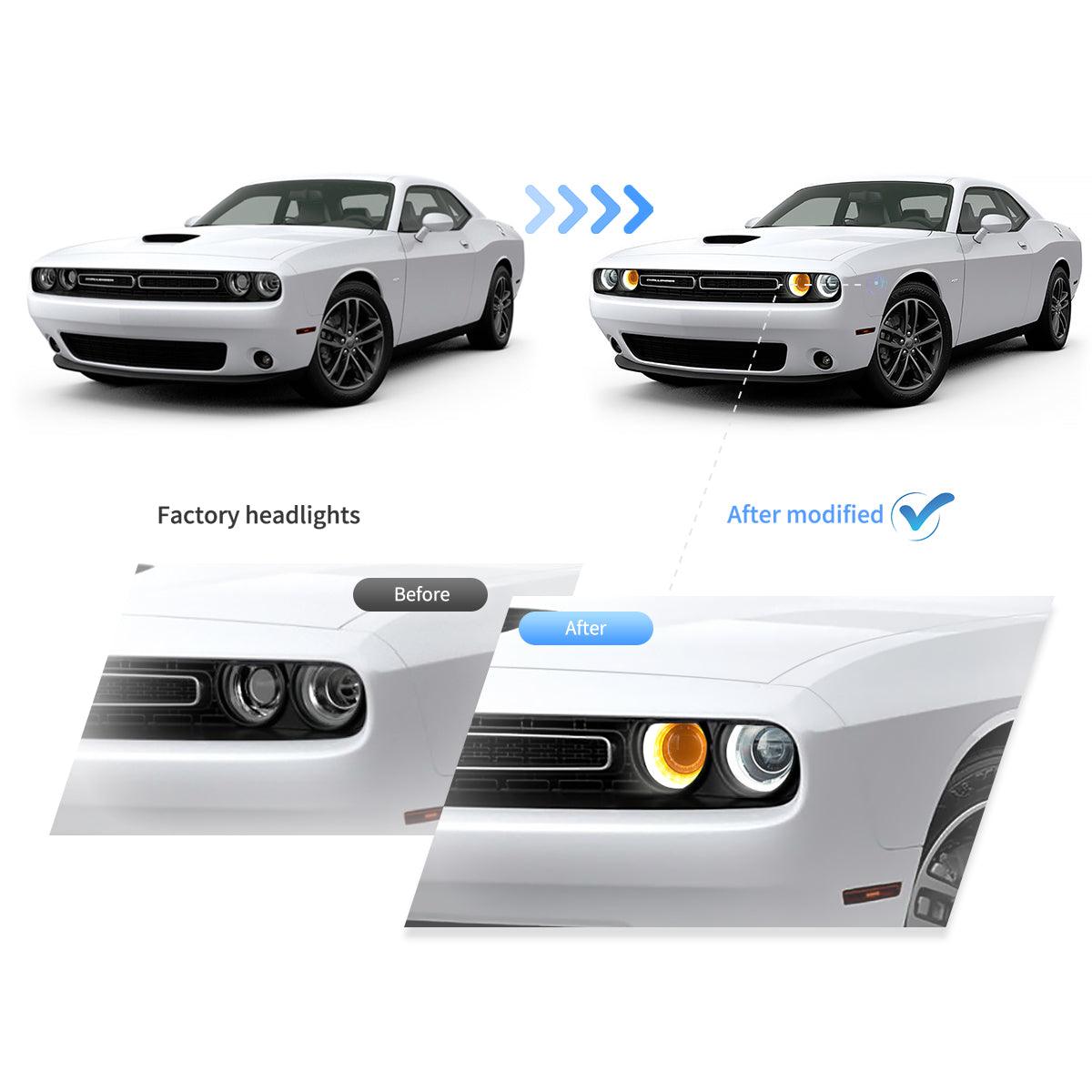 LED Headlight Assembly Dual Beam Projector Black For 2015-2023 Dodge Challenger 3th Gen Facelifted