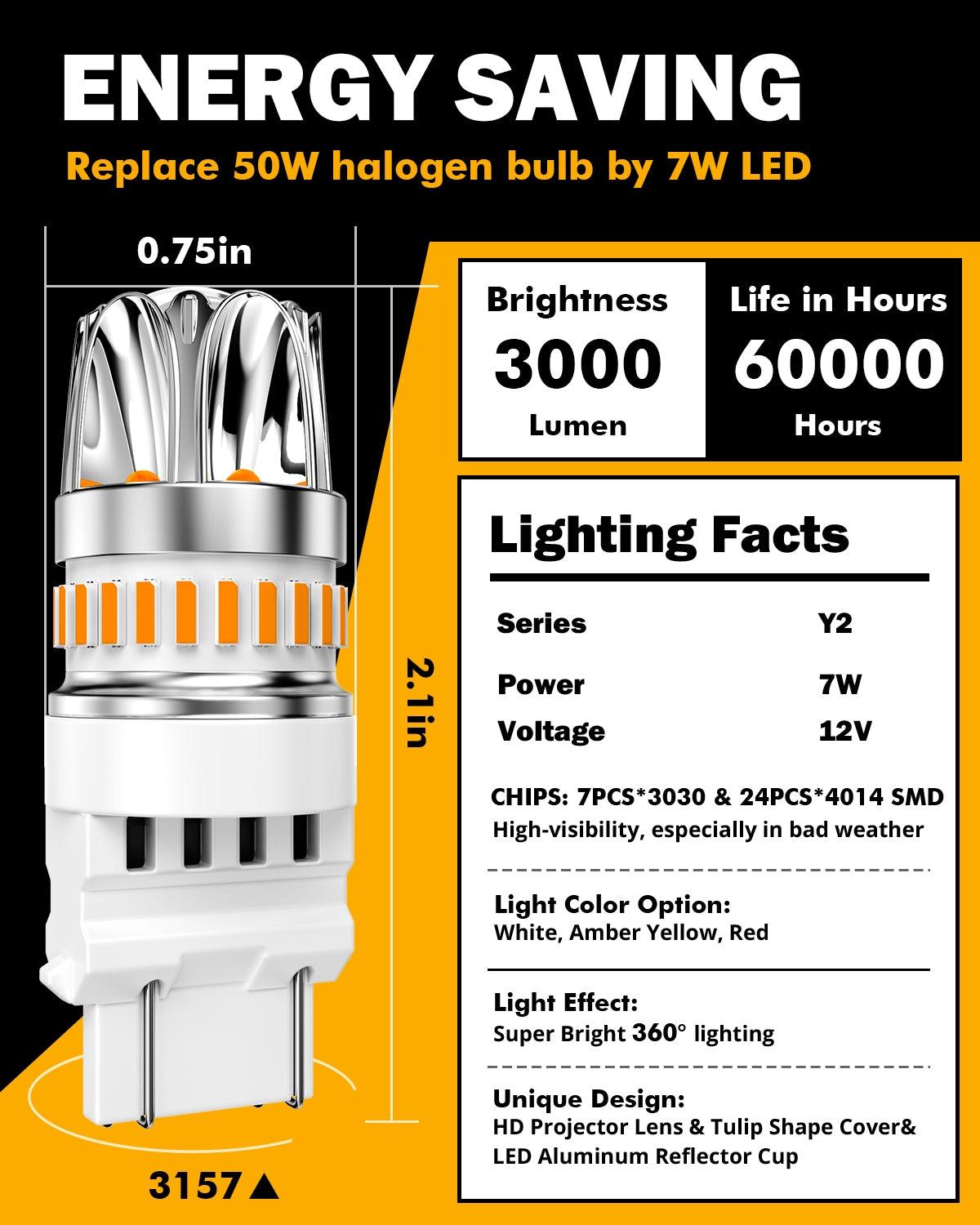 T25 3157 3156 LED Turn Signal Light Rear/Front, Side Maker Light Bulbs 14W 6000LM CAN-Bus Error Free 3000K Amber Y2 Series | 2 Bulbs